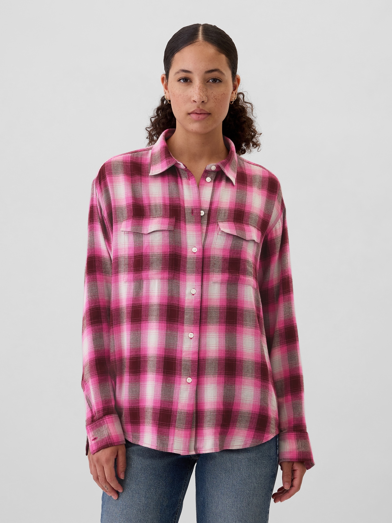 Plaid Flannel Big Shirt - Pink