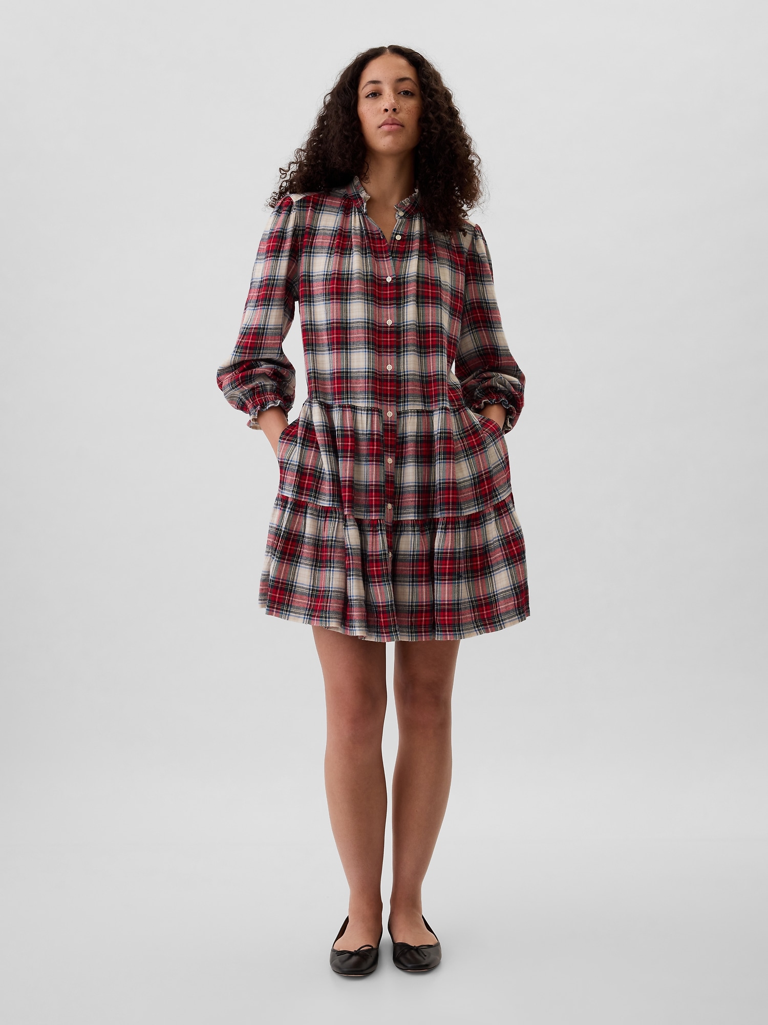 Flannel Puff Sleeve Mini Shirtdress