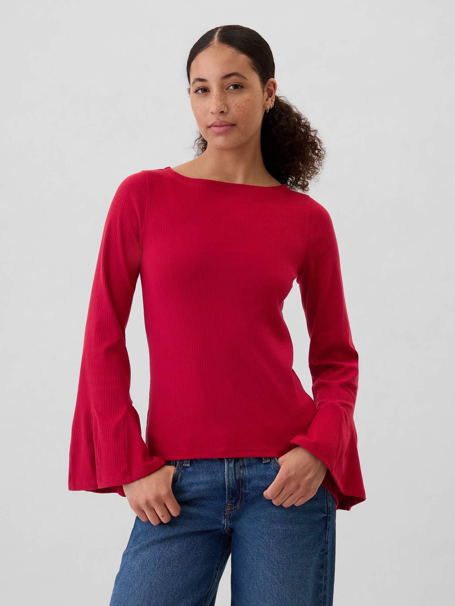 Ribbed Boatneck Bell Sleeve T-Shirt