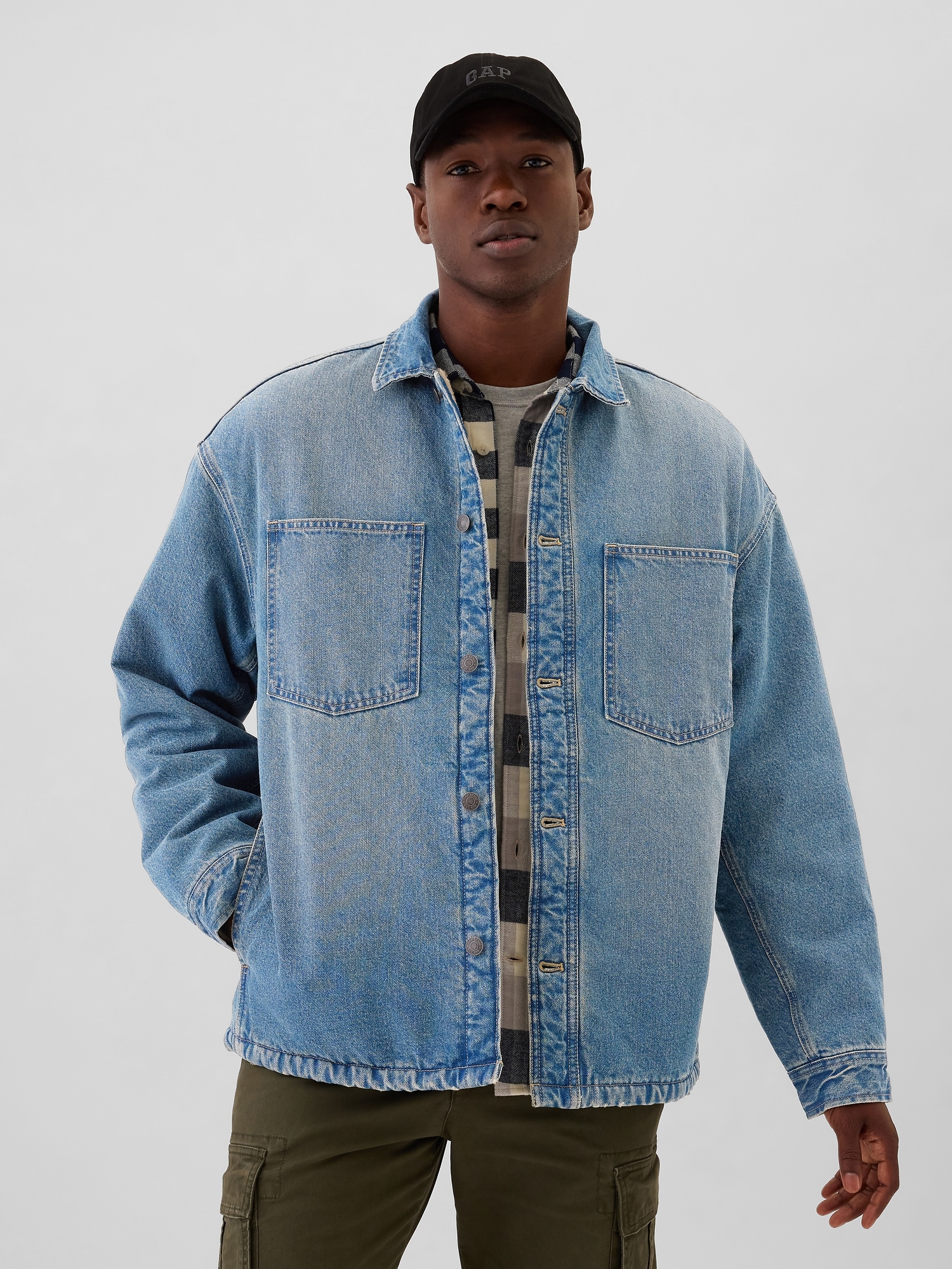 Relaxed Denim Sherpa-Lined Shirt Jacket - Blue