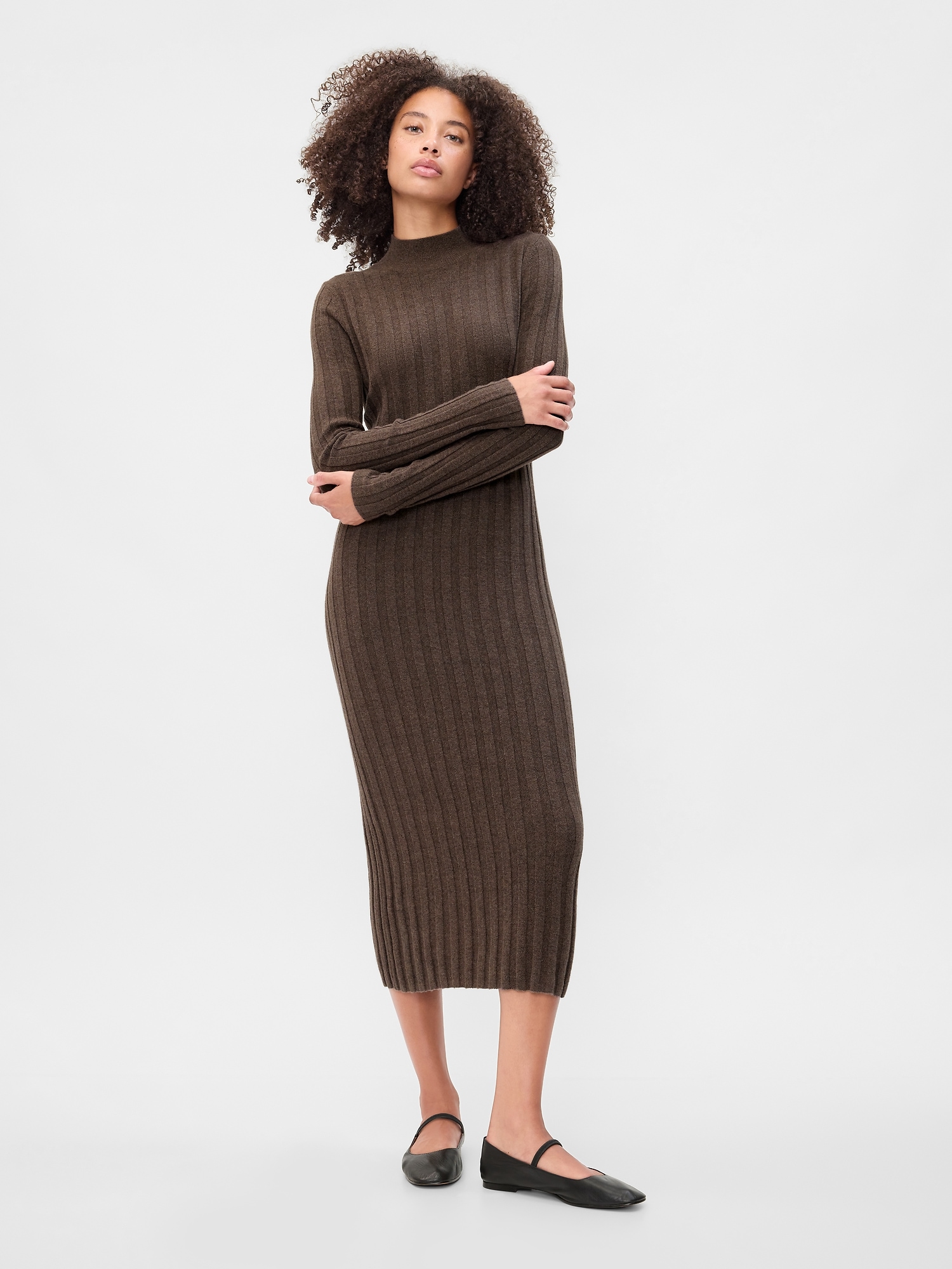 CashSoft Ribbed Mockneck Sweater Midi Dress - Brown