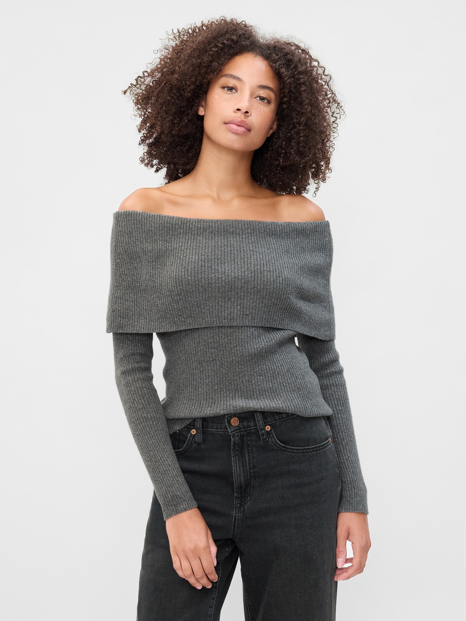 CashSoft Ribbed Off-Shoulder Sweater Top