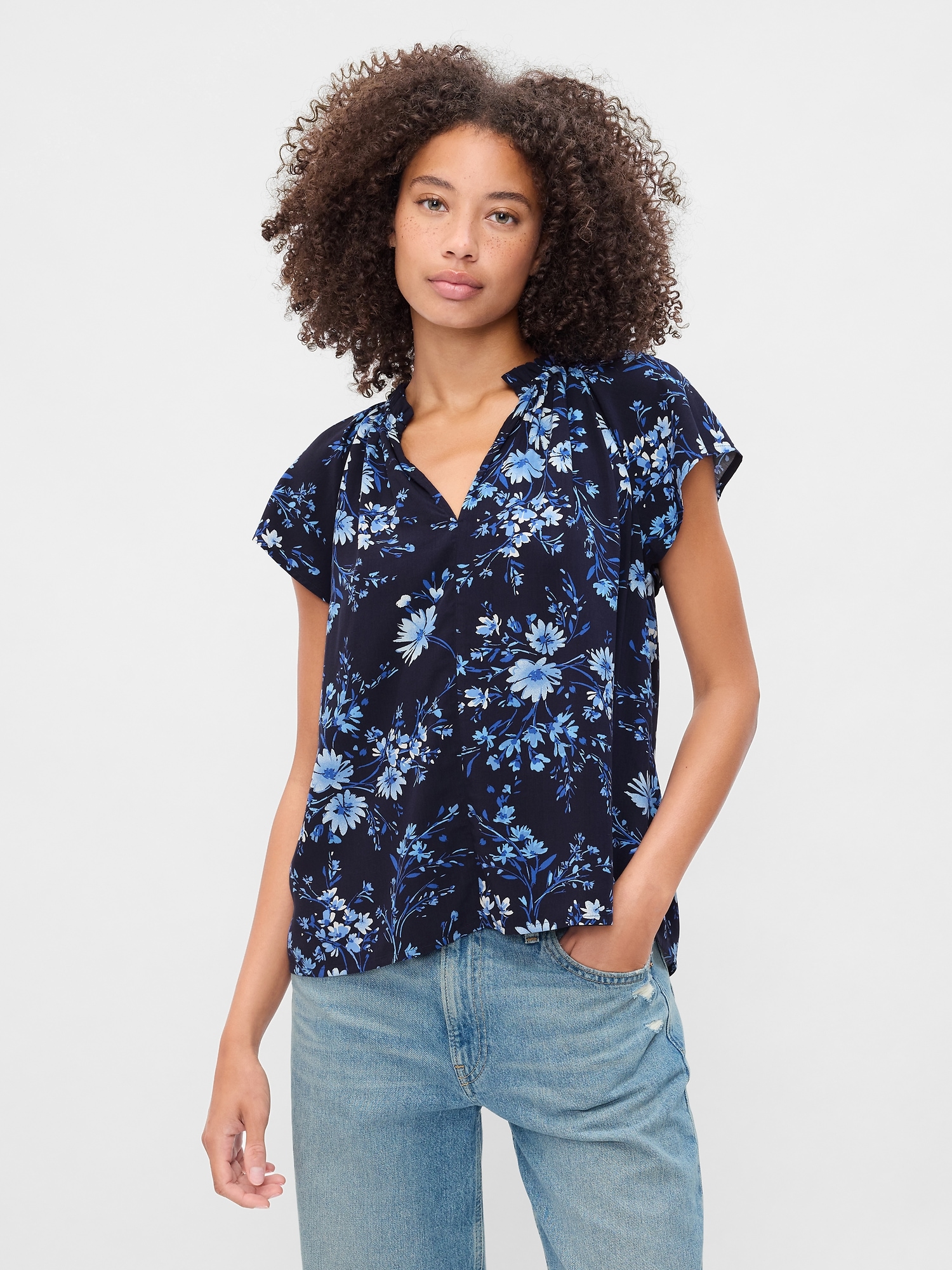 Splitneck Print Flutter Sleeve Top