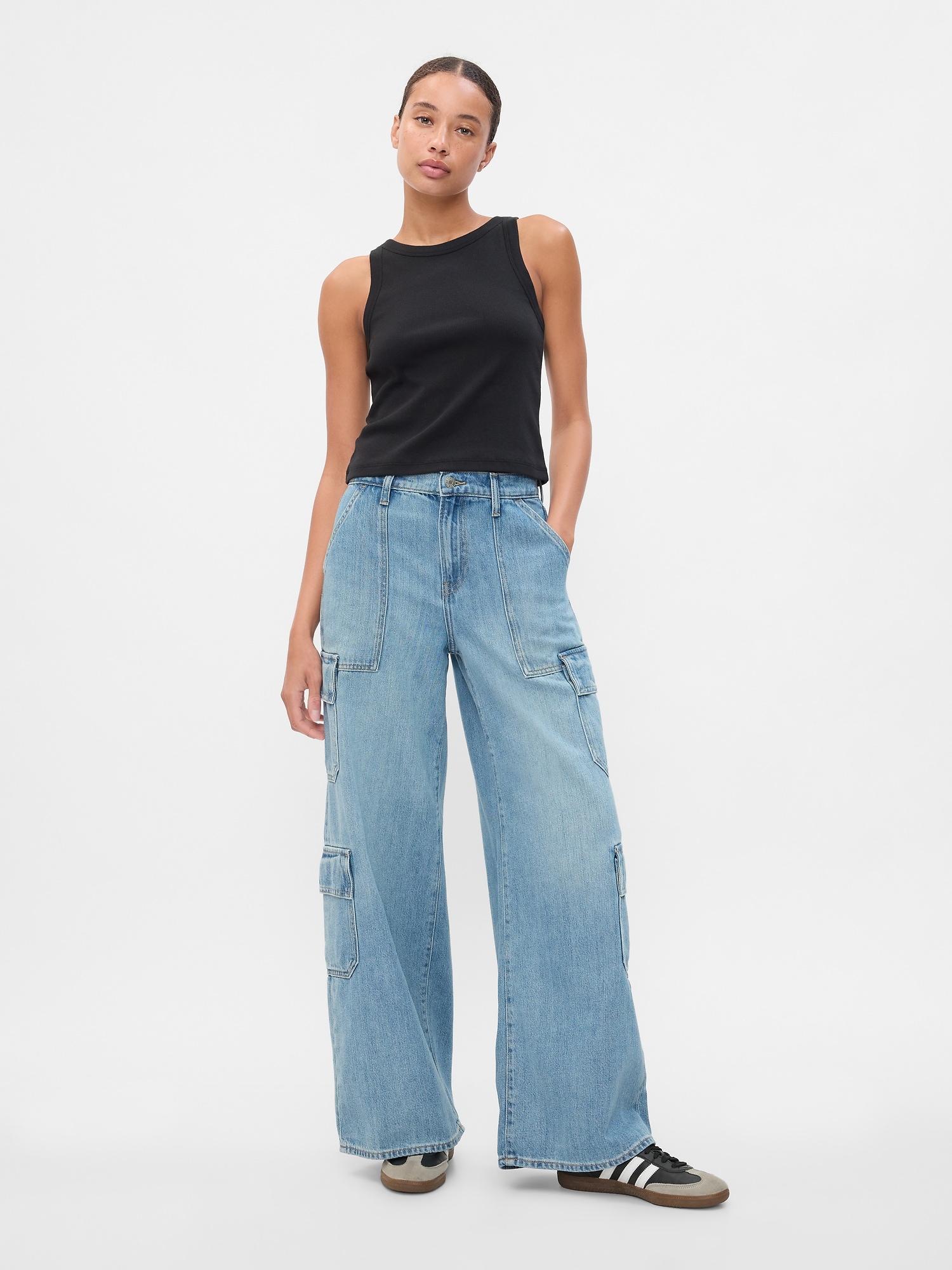 Mid Rise Drapey Soft Baggy Cargo Jeans