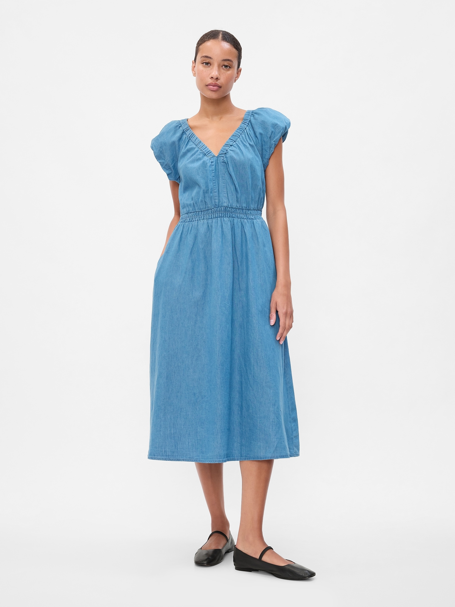 Denim Puff Sleeve Midi Dress