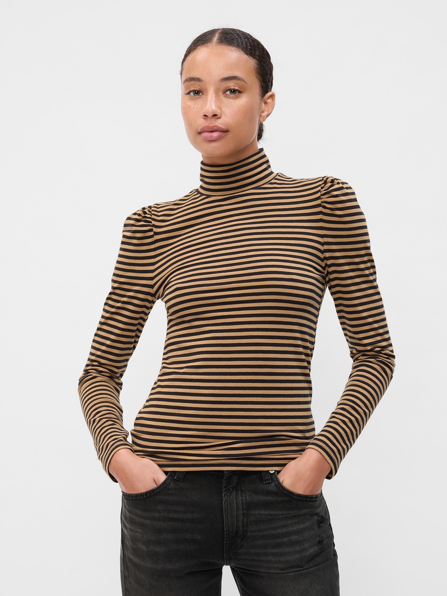 Stripe Turtleneck Puff Sleeve T-Shirt