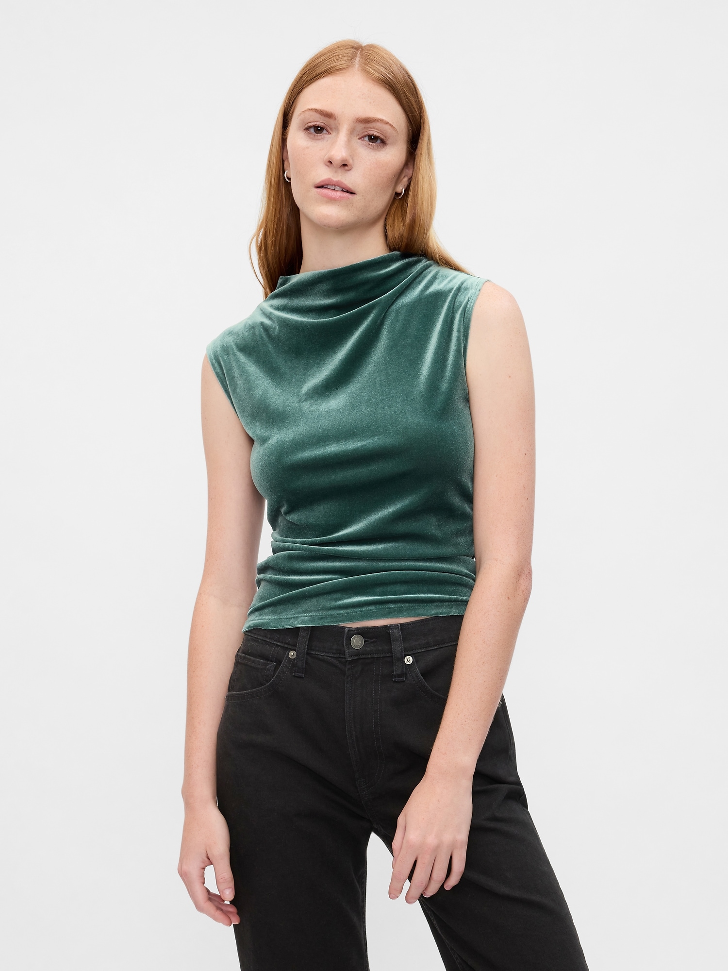 Sleeveless Velour Mockneck Top