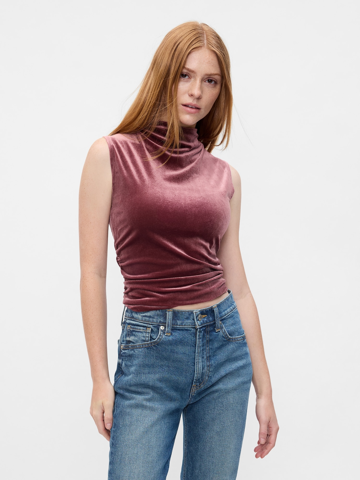 Sleeveless Velour Mockneck Top