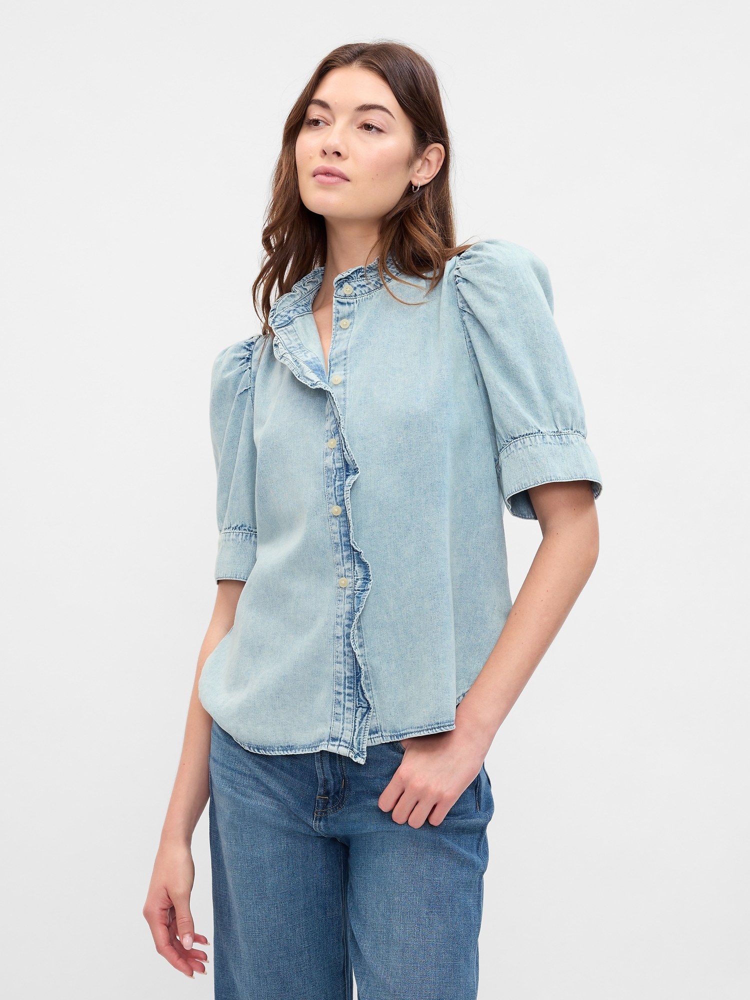 Denim Puff Sleeve Ruffle Top