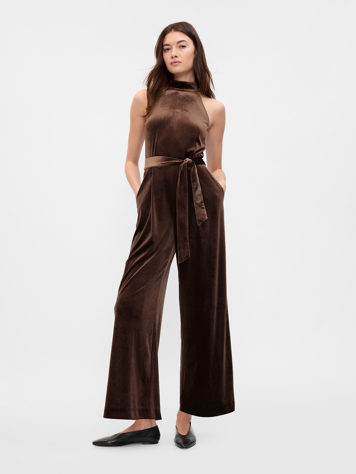 Recycled Velvet Wide-Leg Jumpsuit - Brown