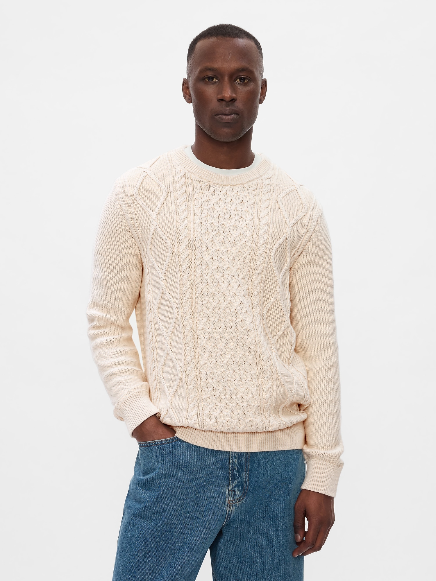 Crew neck cable knit sweater best sale