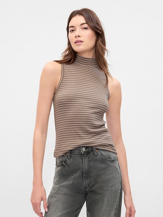 Image number 1 showing, Ribbed Sleeveless Mockneck T-Shirt