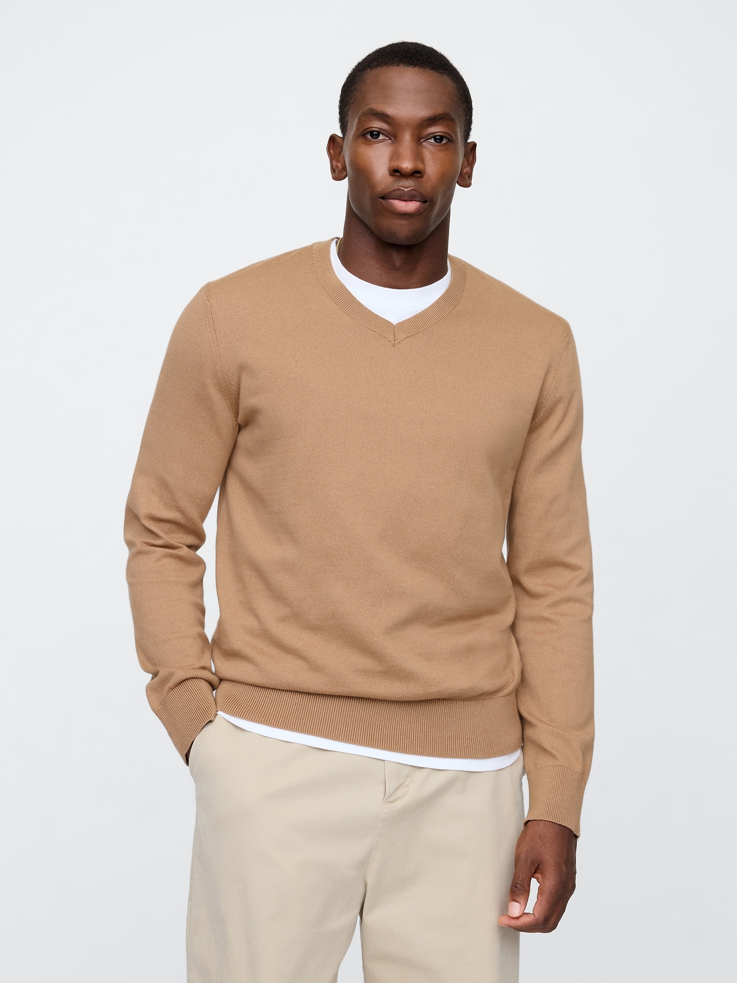 Cotton V-Neck Sweater - Brown