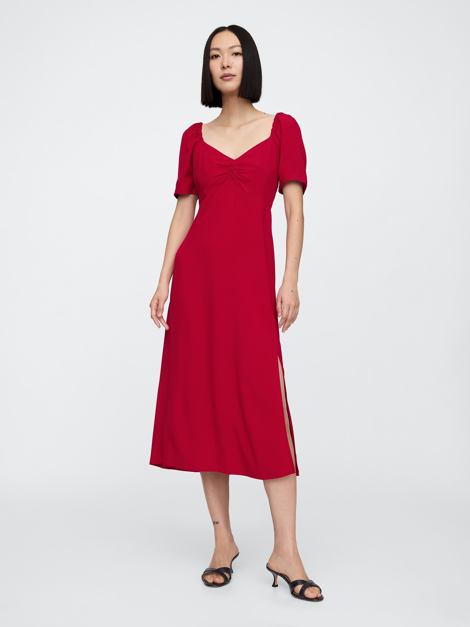 Sweetheart Puff Sleeve Midi Dress - Red