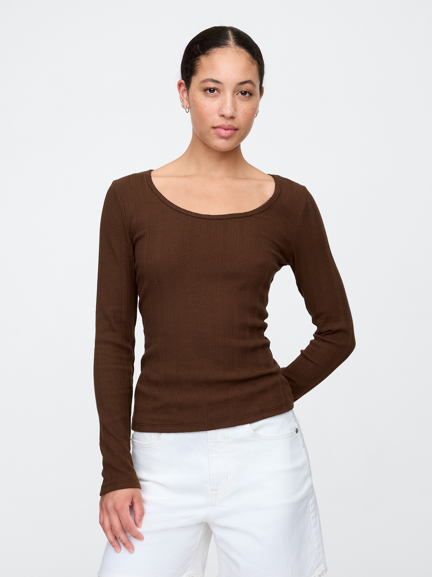 Ribbed Pointelle Scoopneck T-Shirt