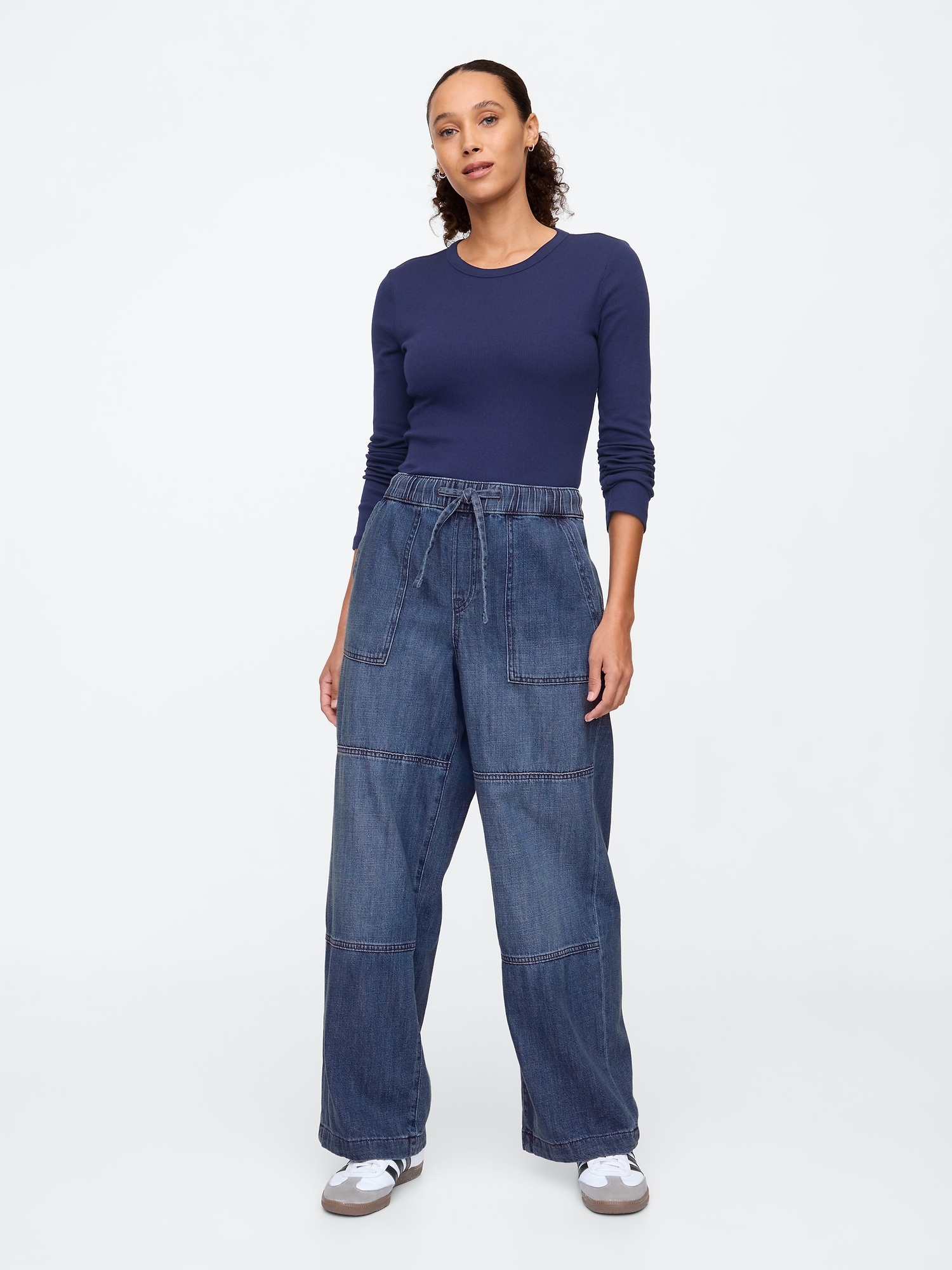 High Rise Seamed Wide-Leg Pull-On Jeans