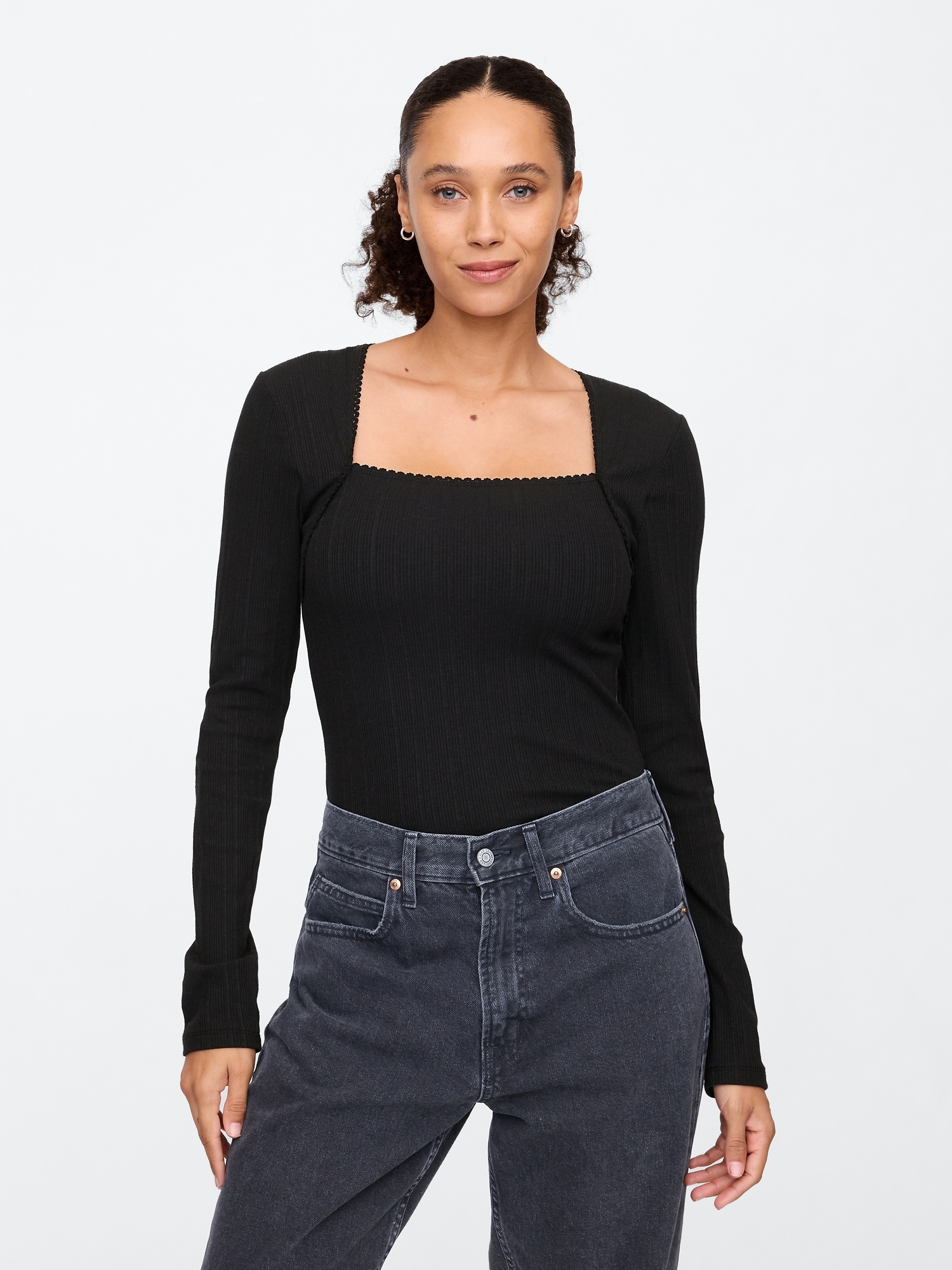 Textured Ribbed Squareneck T-Shirt