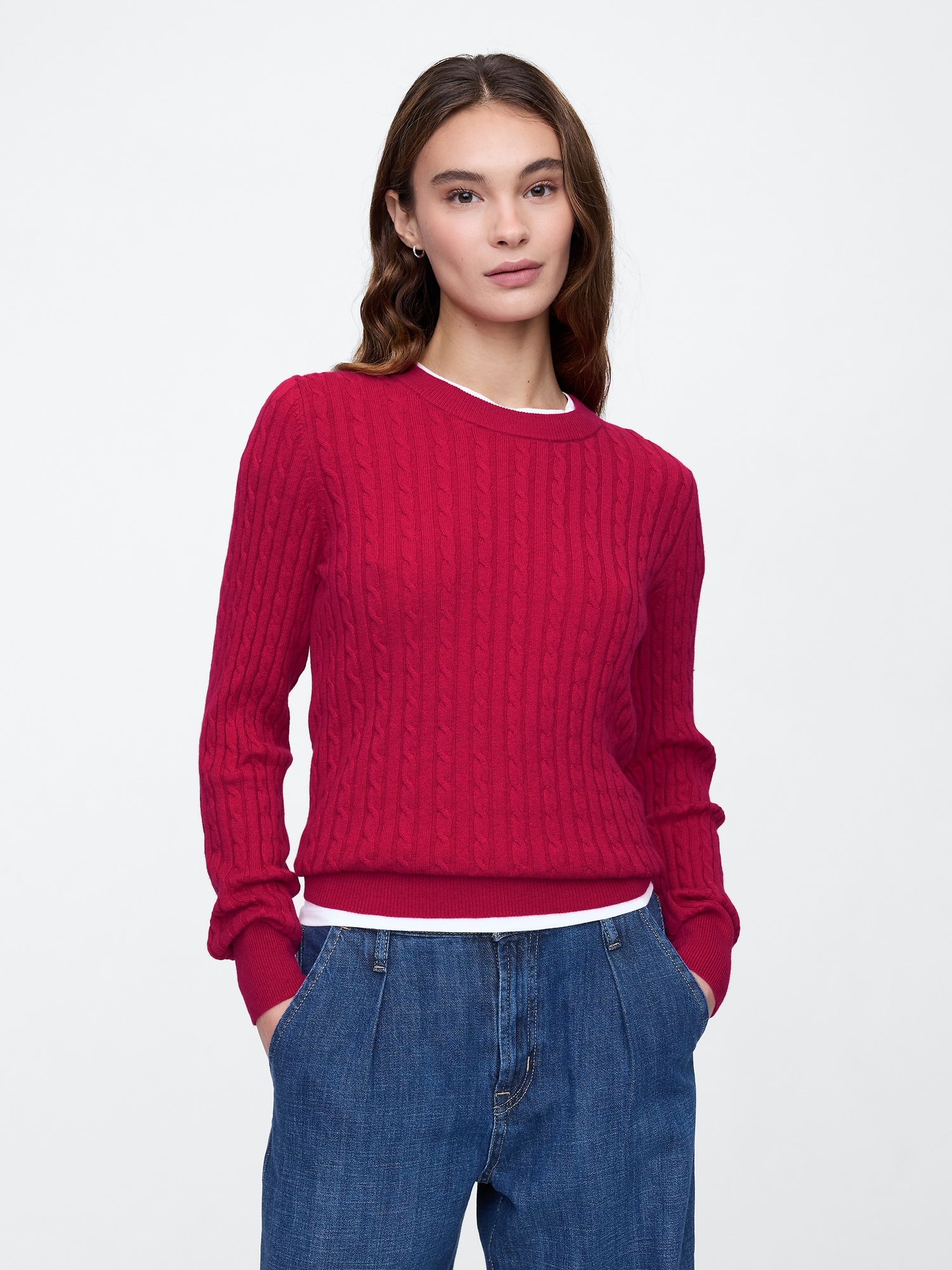 CashSoft Cable-Knit Crewneck Sweater