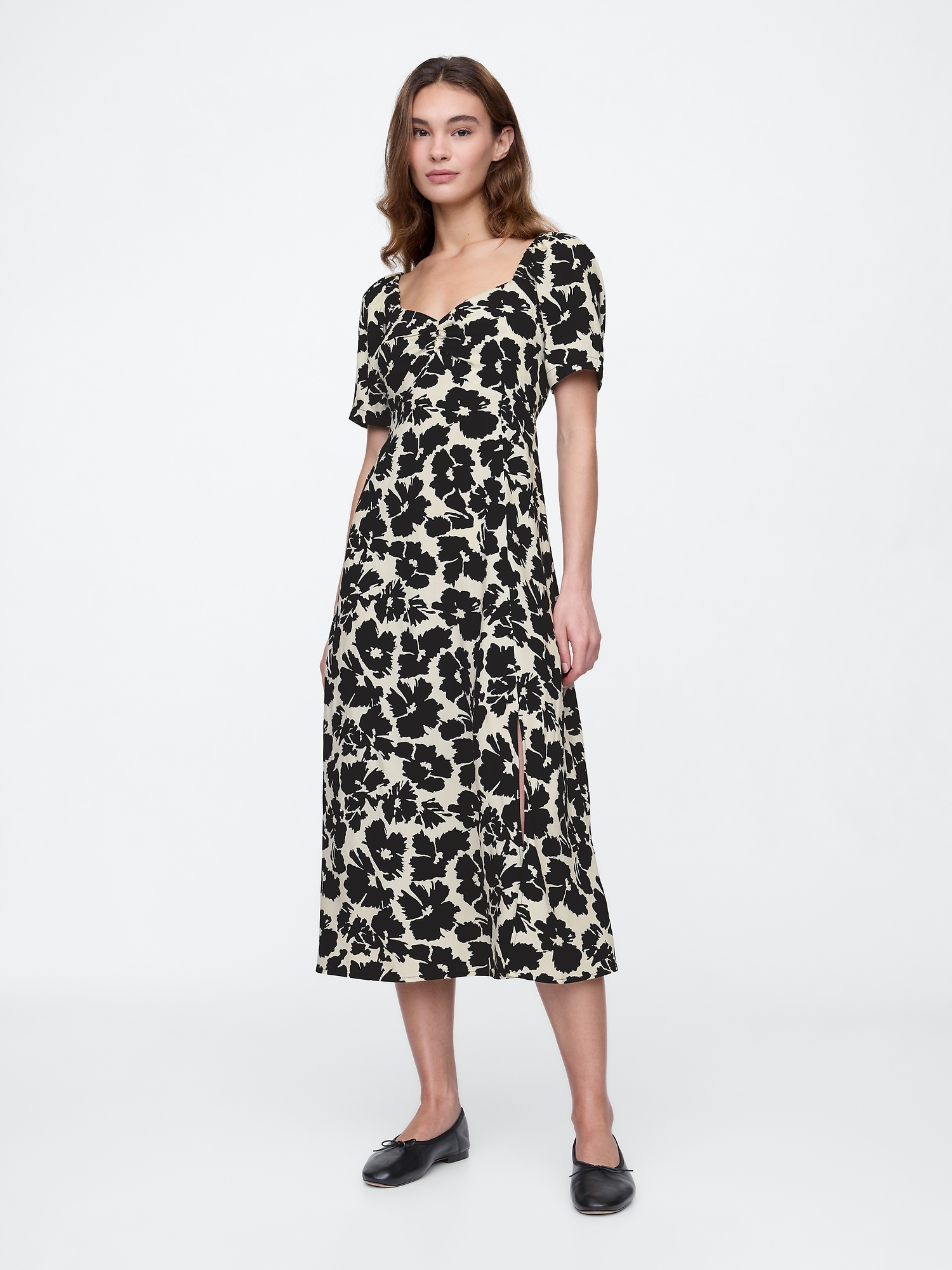 Puff Sleeve Sweetheart Midi Dress - Black