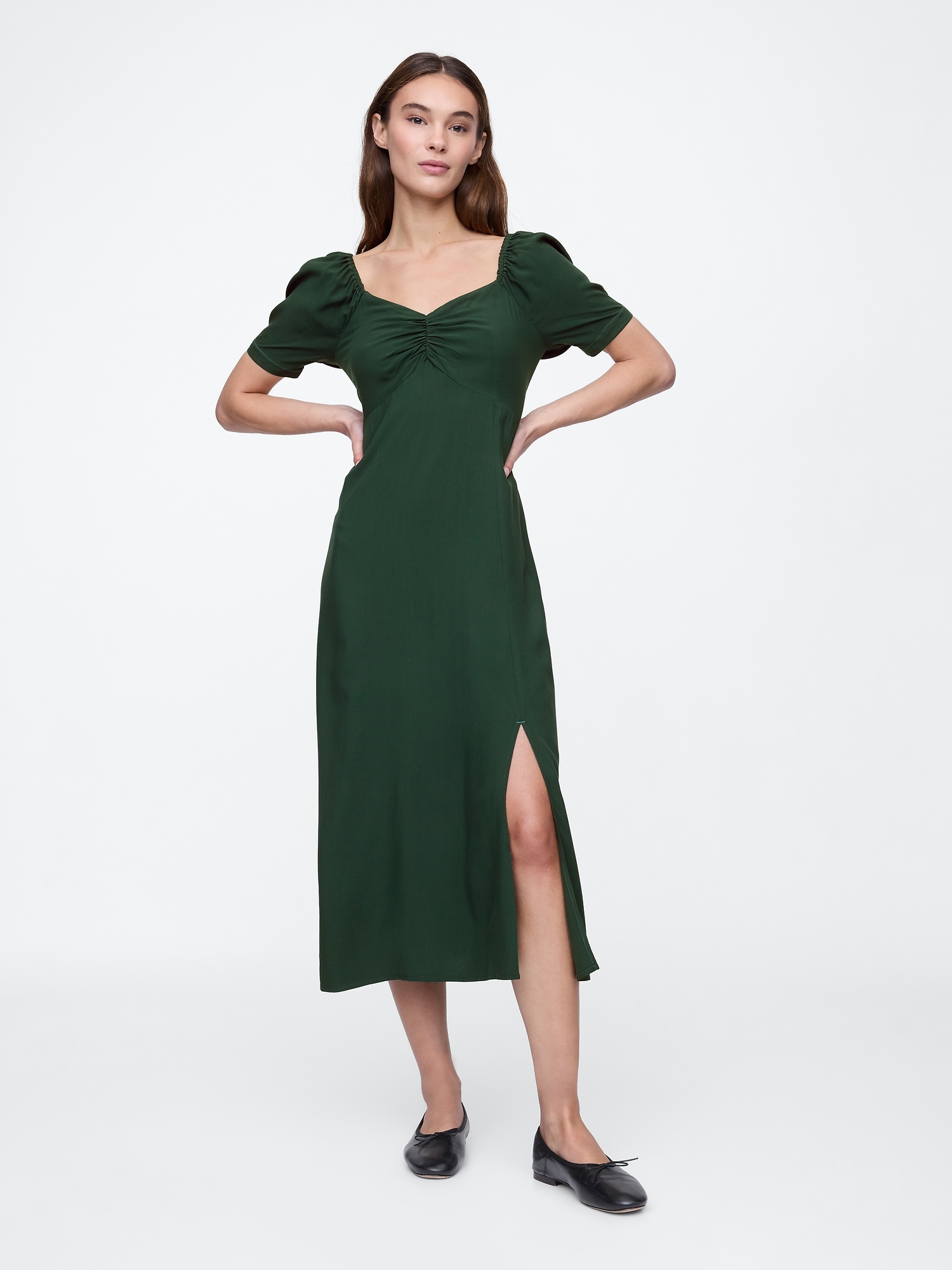 Puff Sleeve Sweetheart Midi Dress - Green