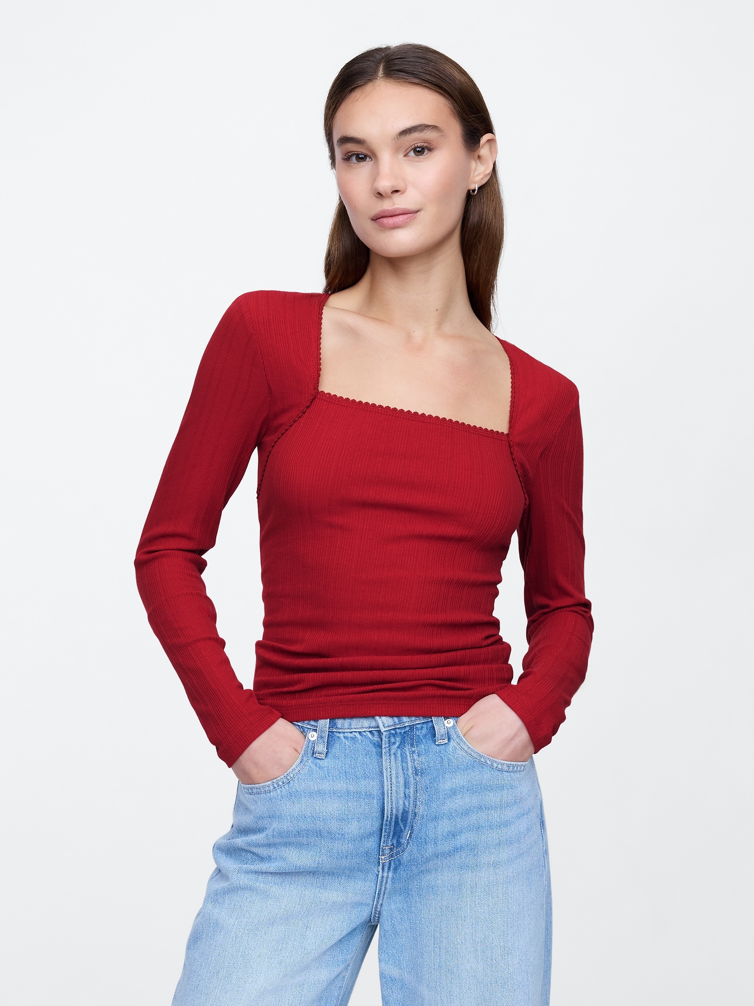 Textured Ribbed Squareneck T-Shirt