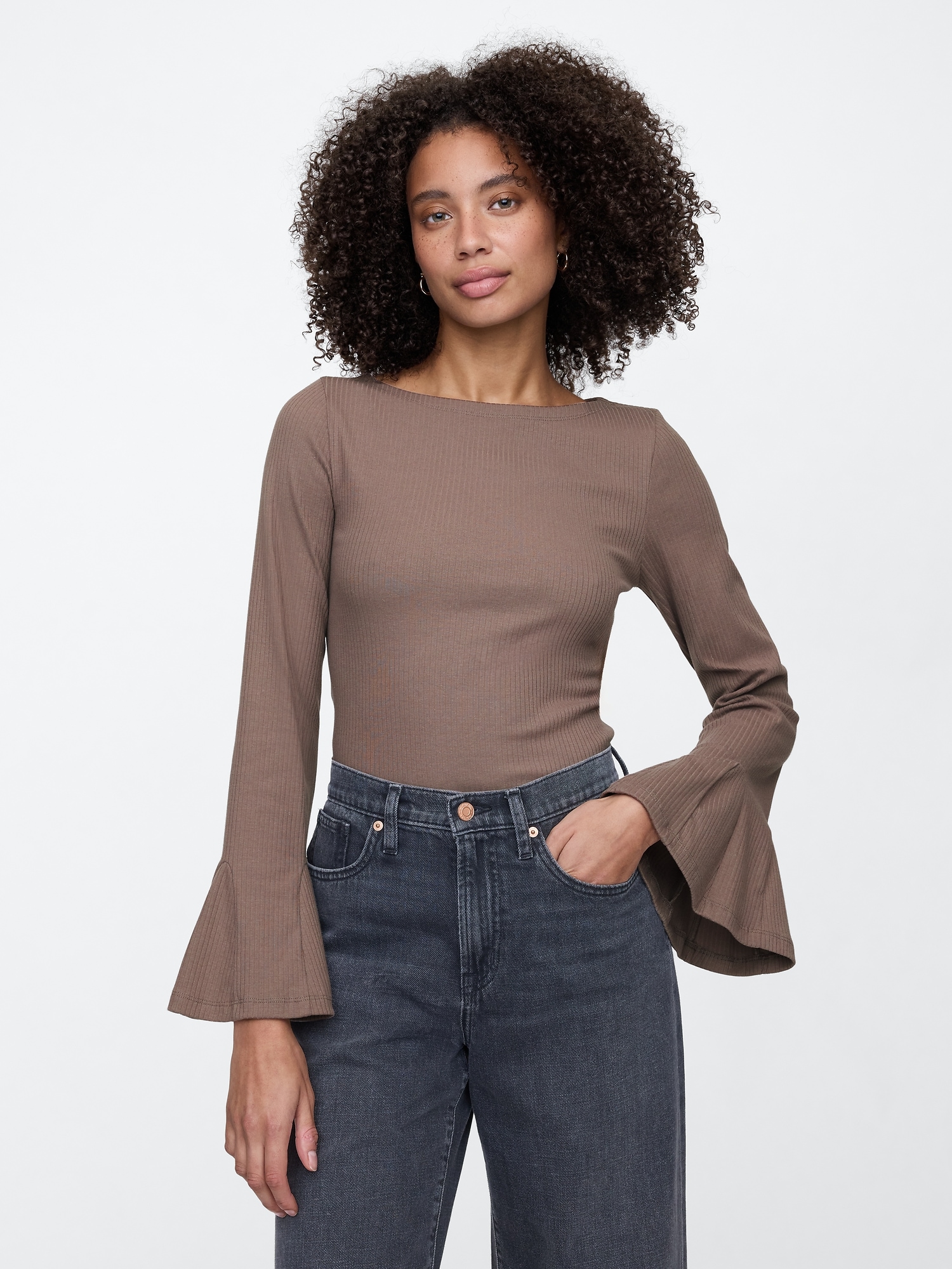 Ribbed Boatneck Bell Sleeve T-Shirt