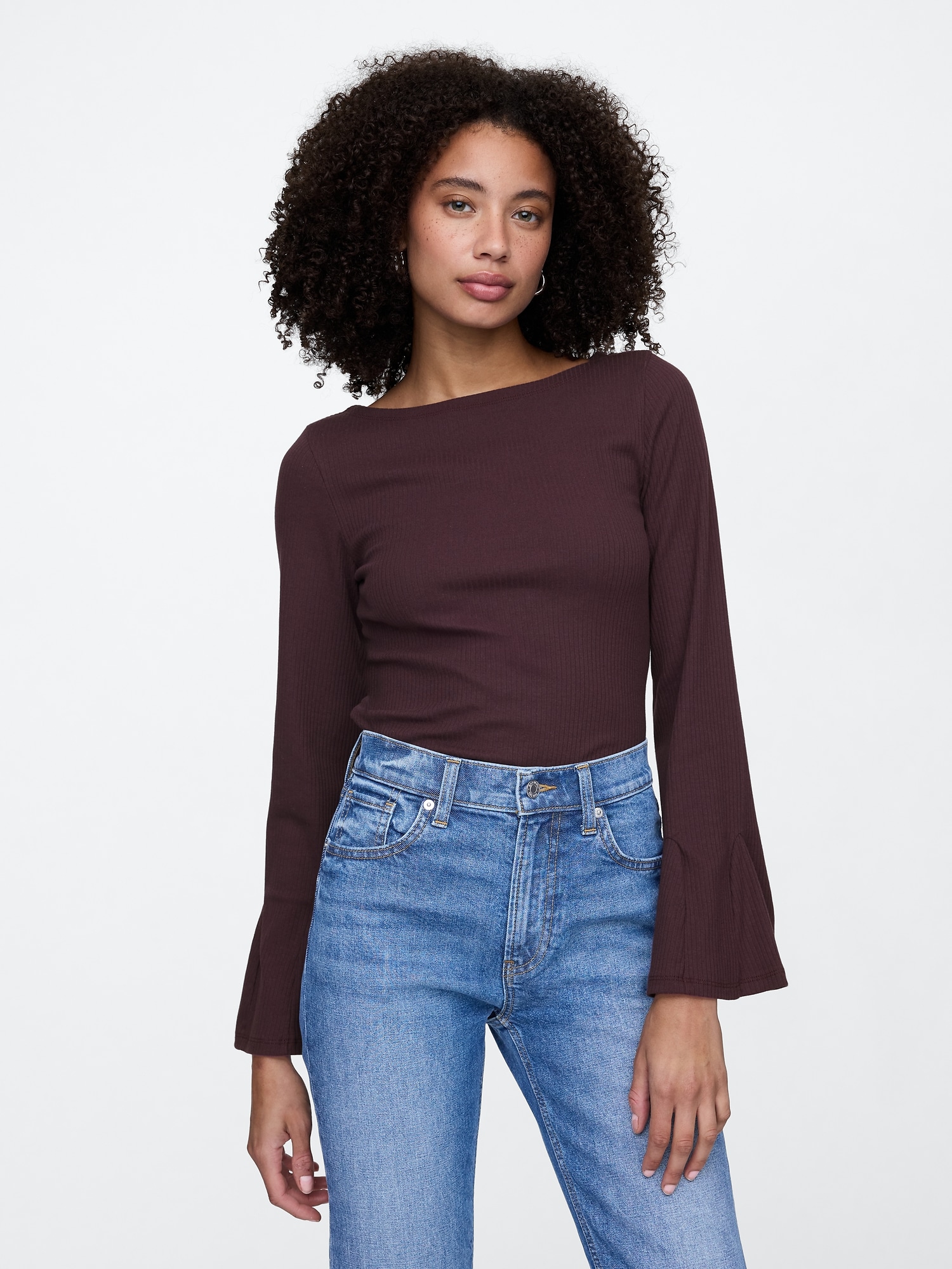 Ribbed Boatneck Bell Sleeve T-Shirt