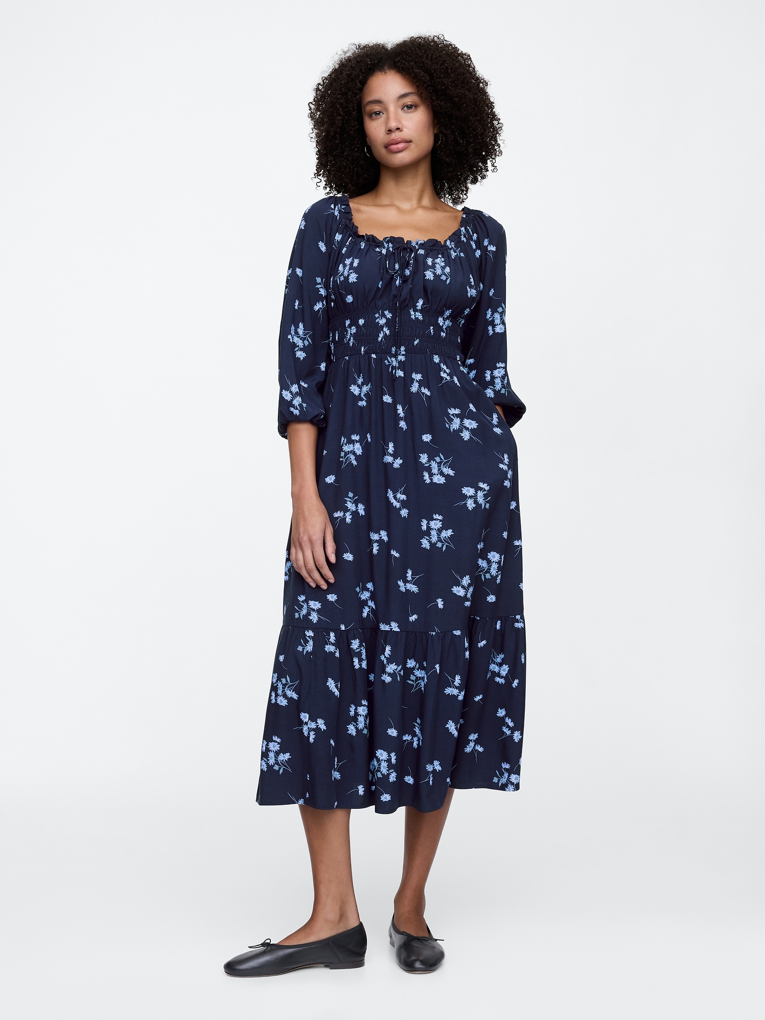 Smocked Squareneck Midi Dress