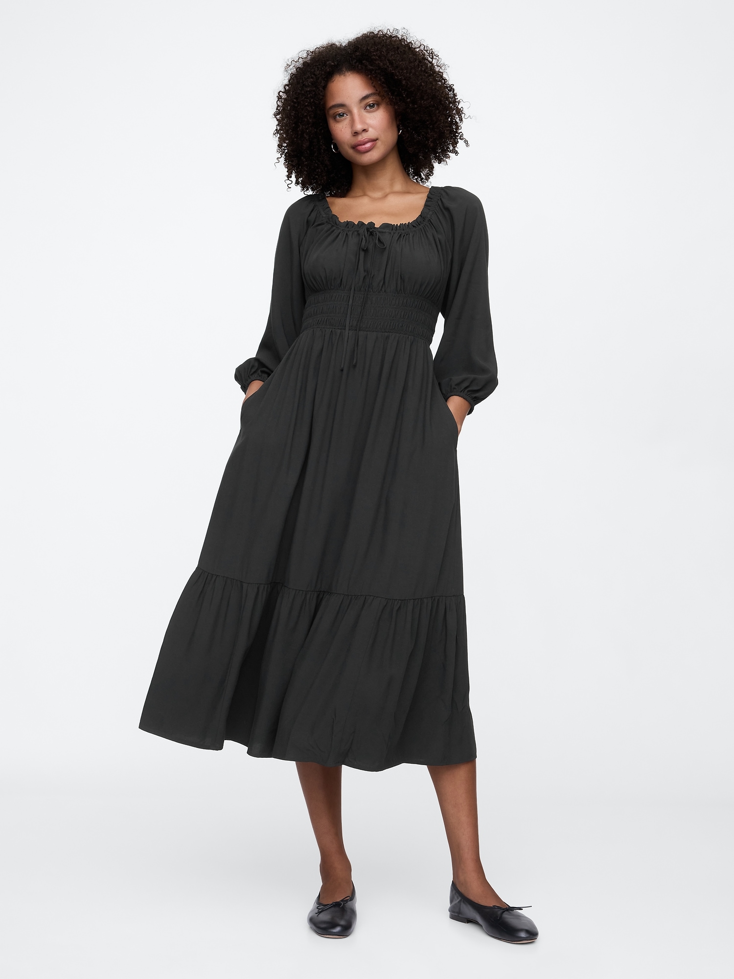 Smocked Squareneck Midi Dress