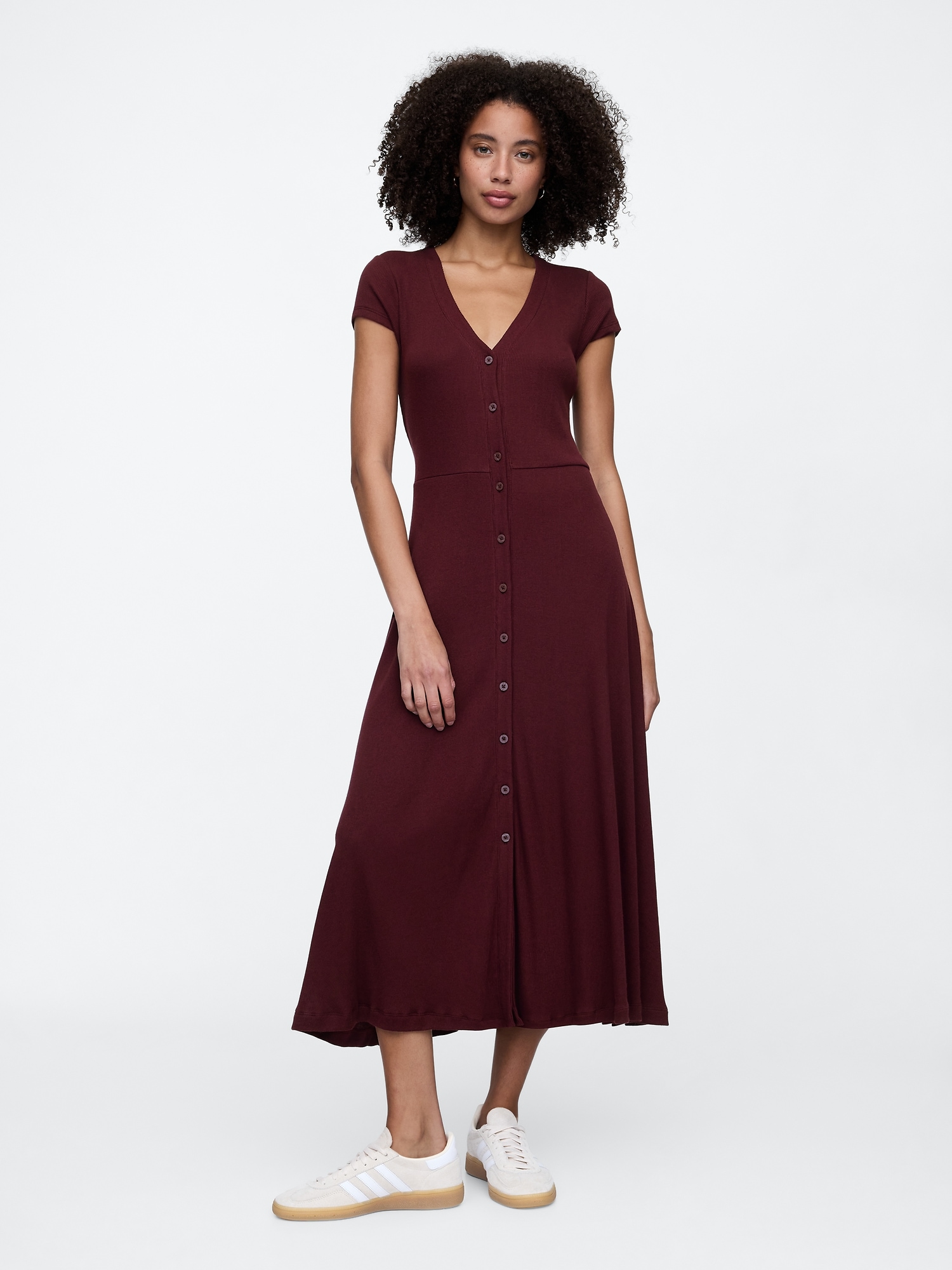 Ribbed V-Neck Midi Dress - Red