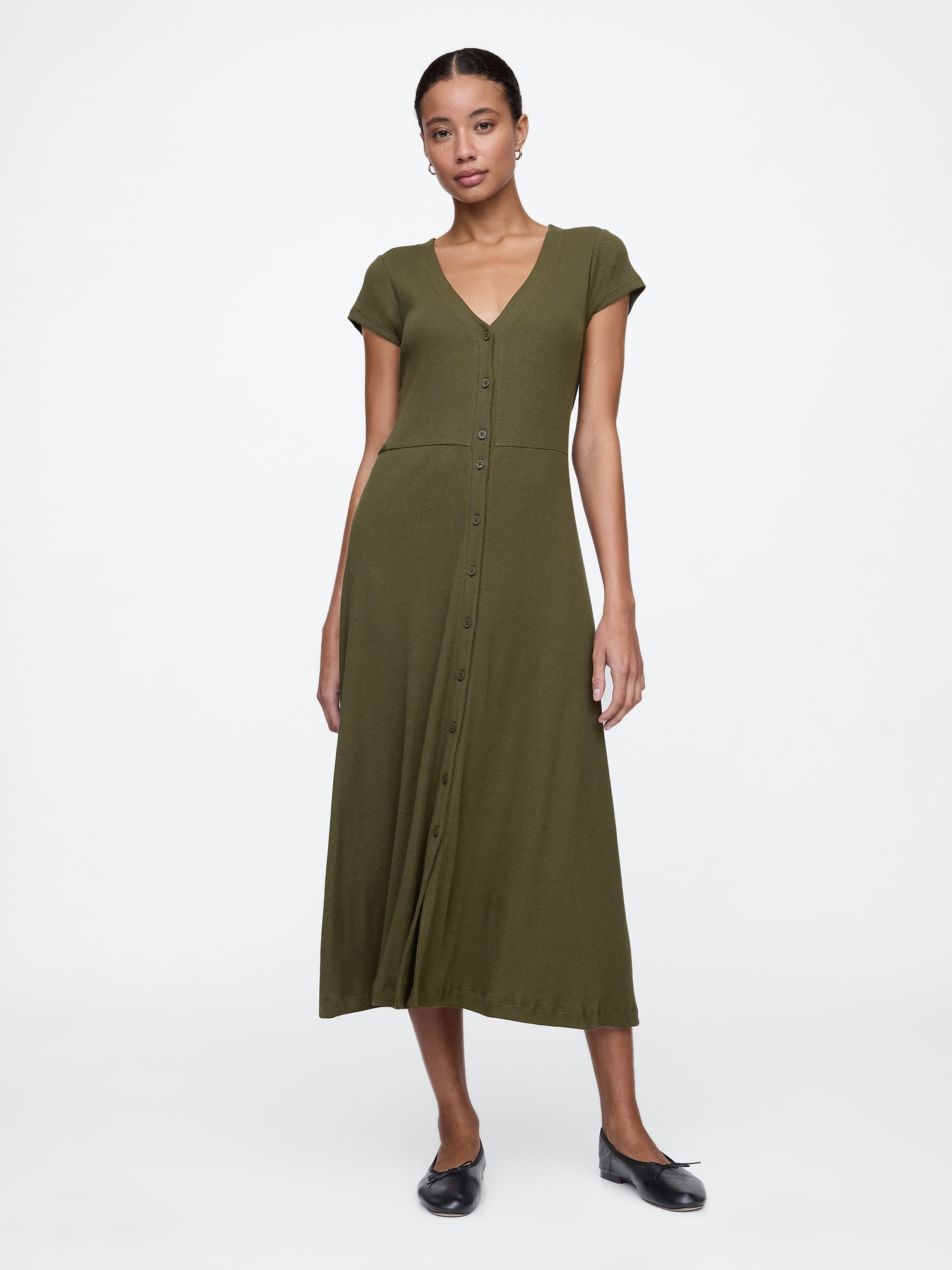 Ribbed V-Neck Midi Dress - Green