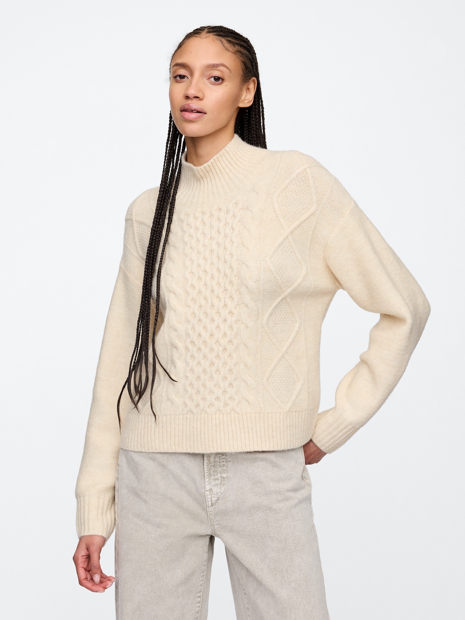 Oversized Cable-Knit Mockneck Sweater