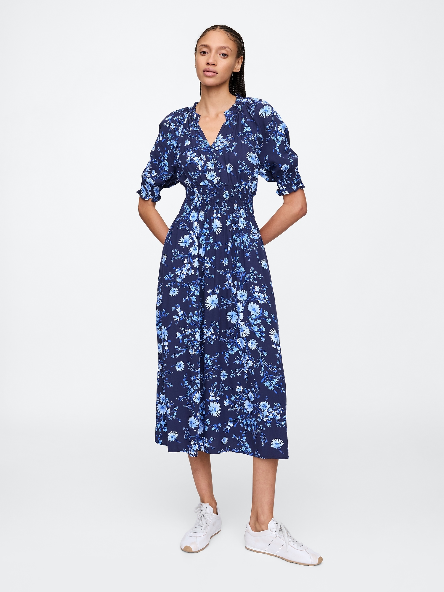 Smocked Splitneck Midi Dress