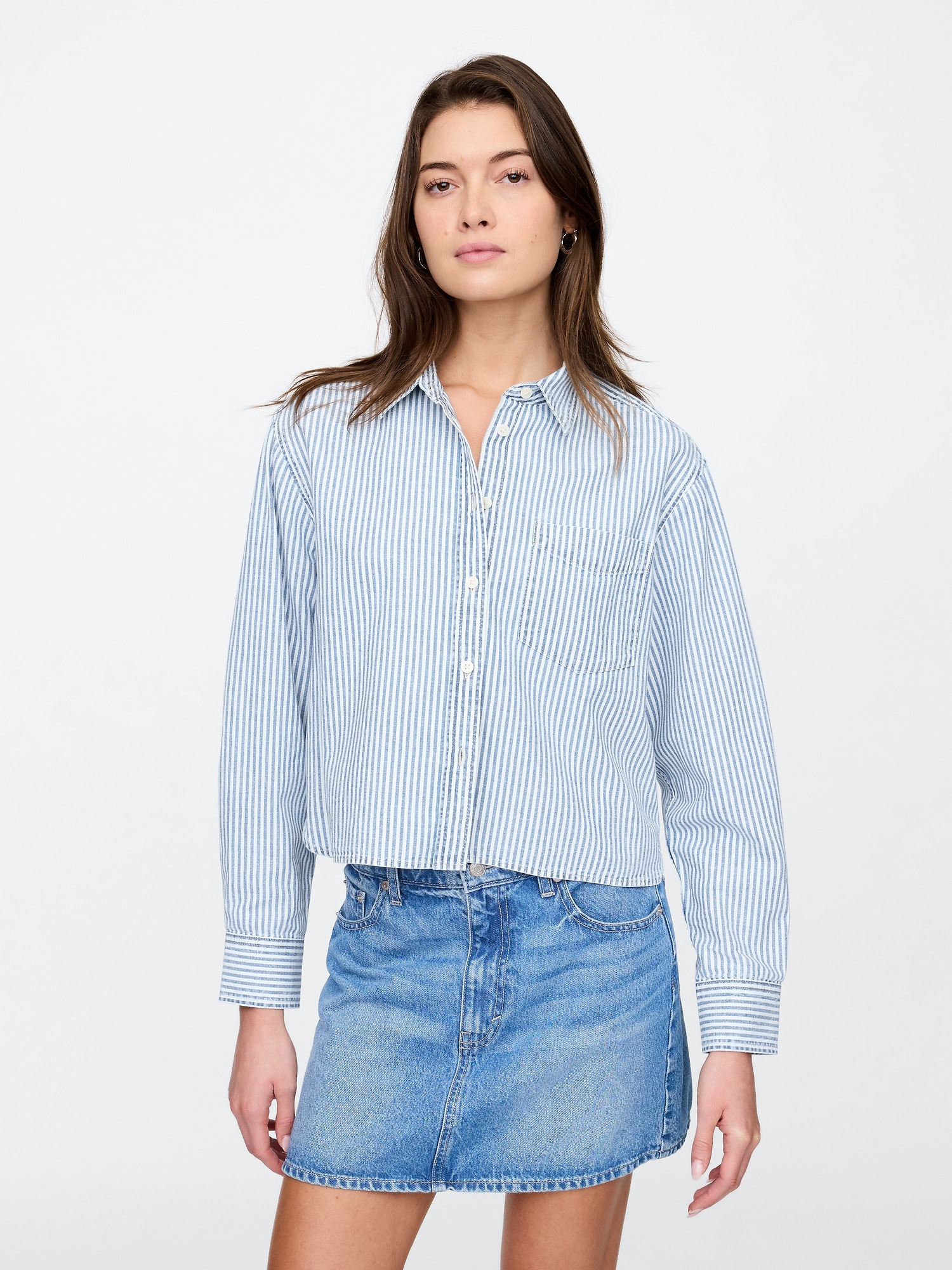 Cropped Stripe Denim Shirt