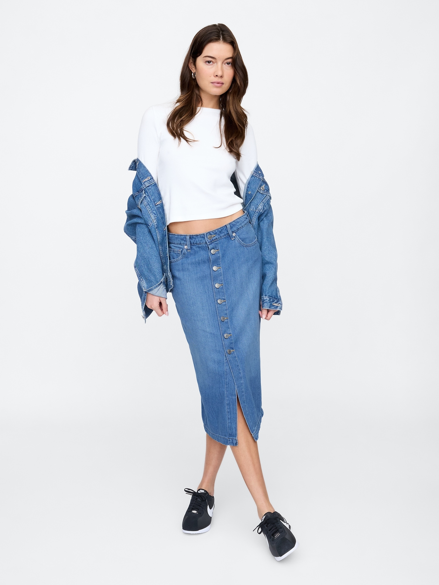 Denim Button-Front Midi Skirt