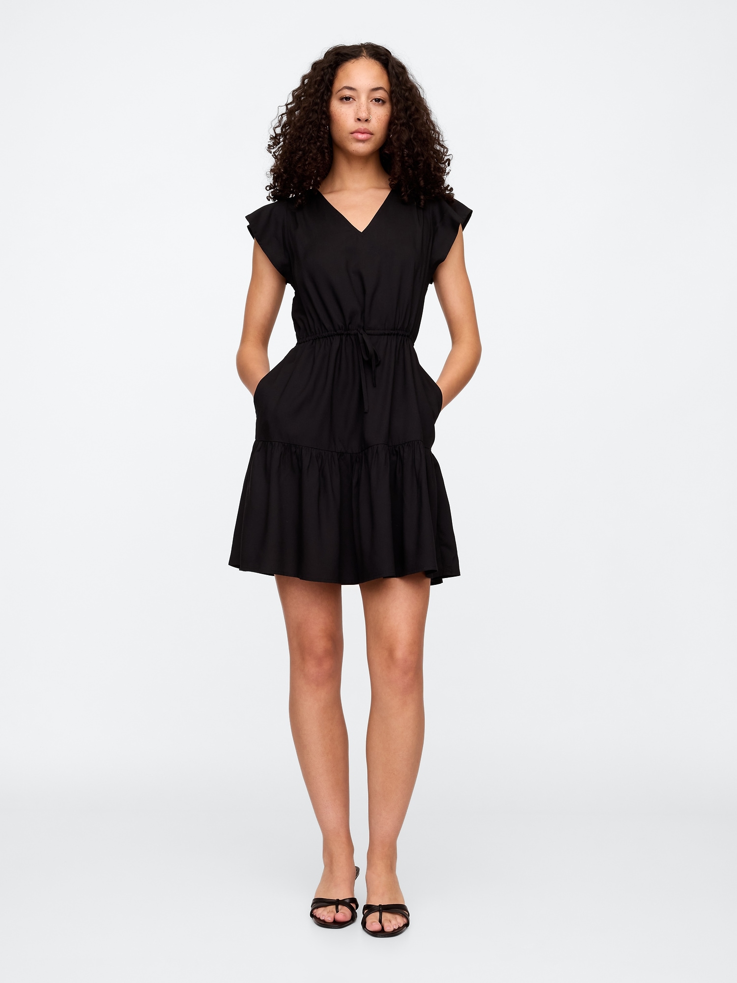 Flutter Sleeve Tie-Waist Mini Dress - Black