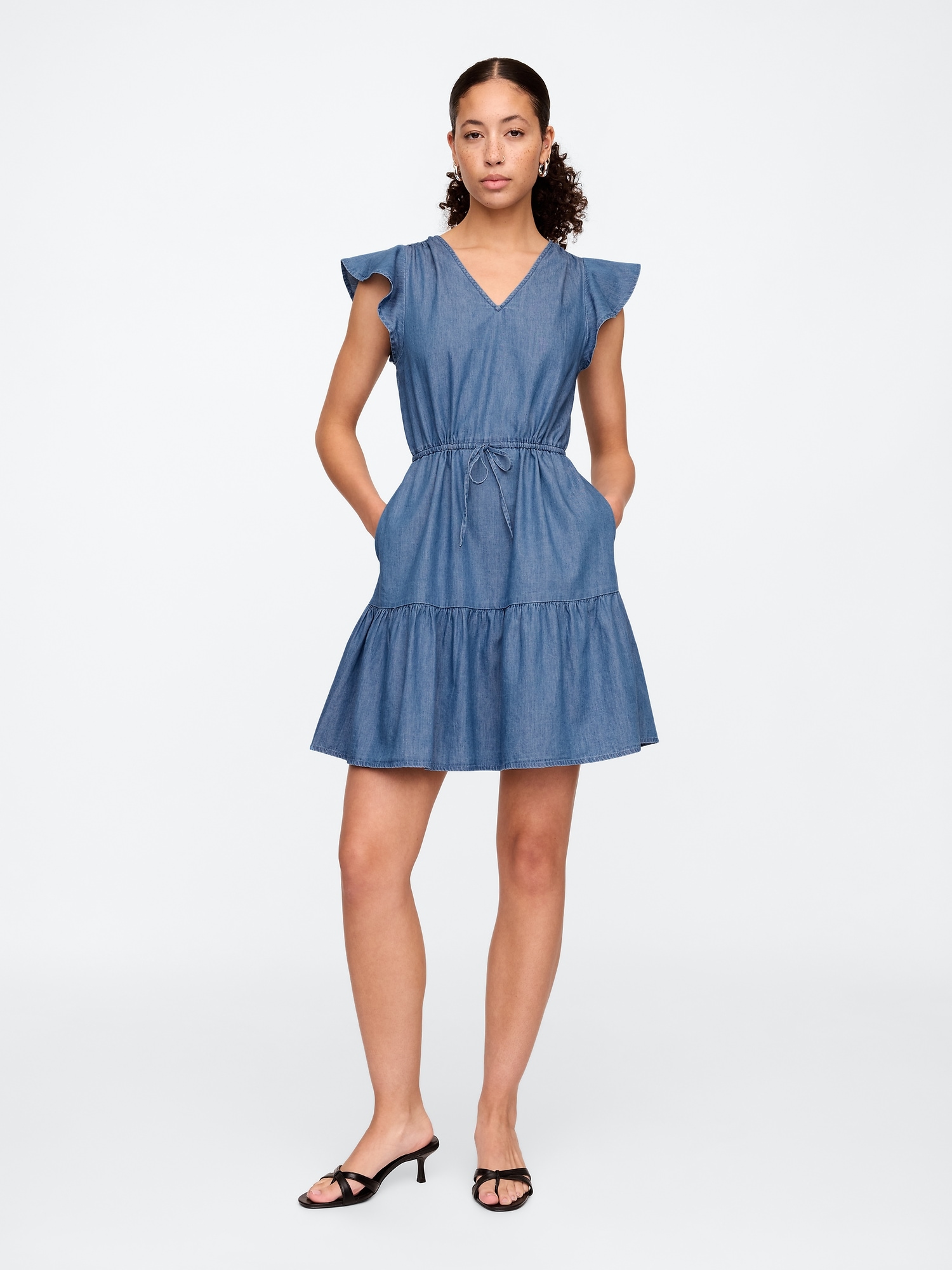 Denim Flutter Sleeve Tie-Waist Mini Dress