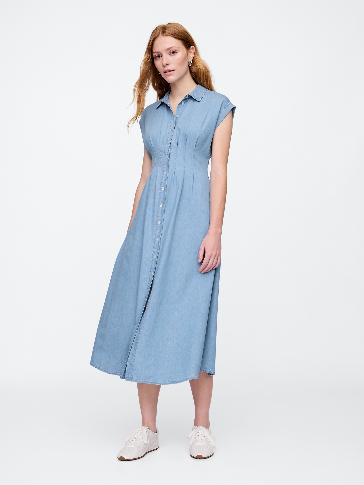 Denim Pleated Maxi Shirtdress