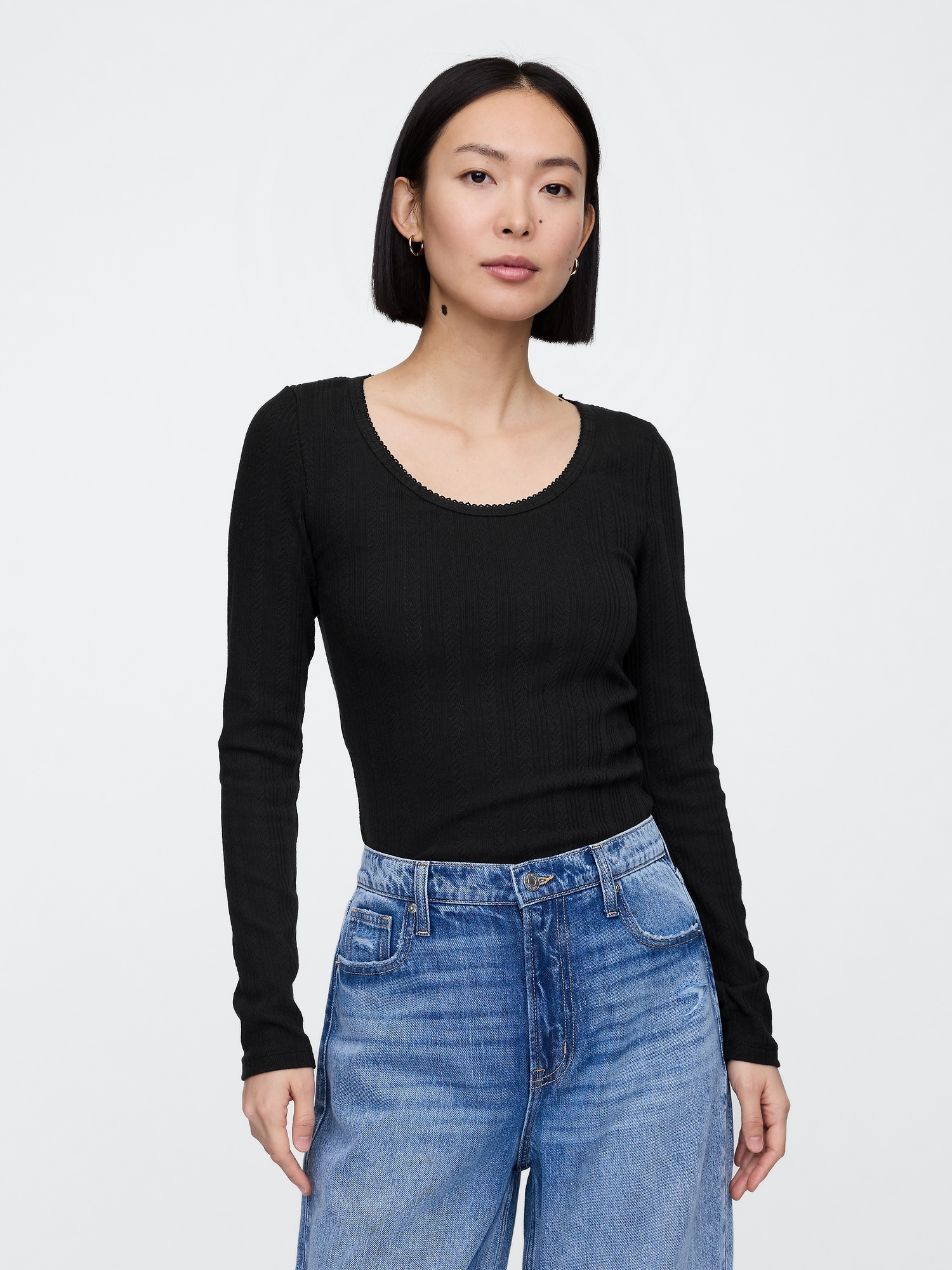 Ribbed Pointelle Scoopneck T-Shirt