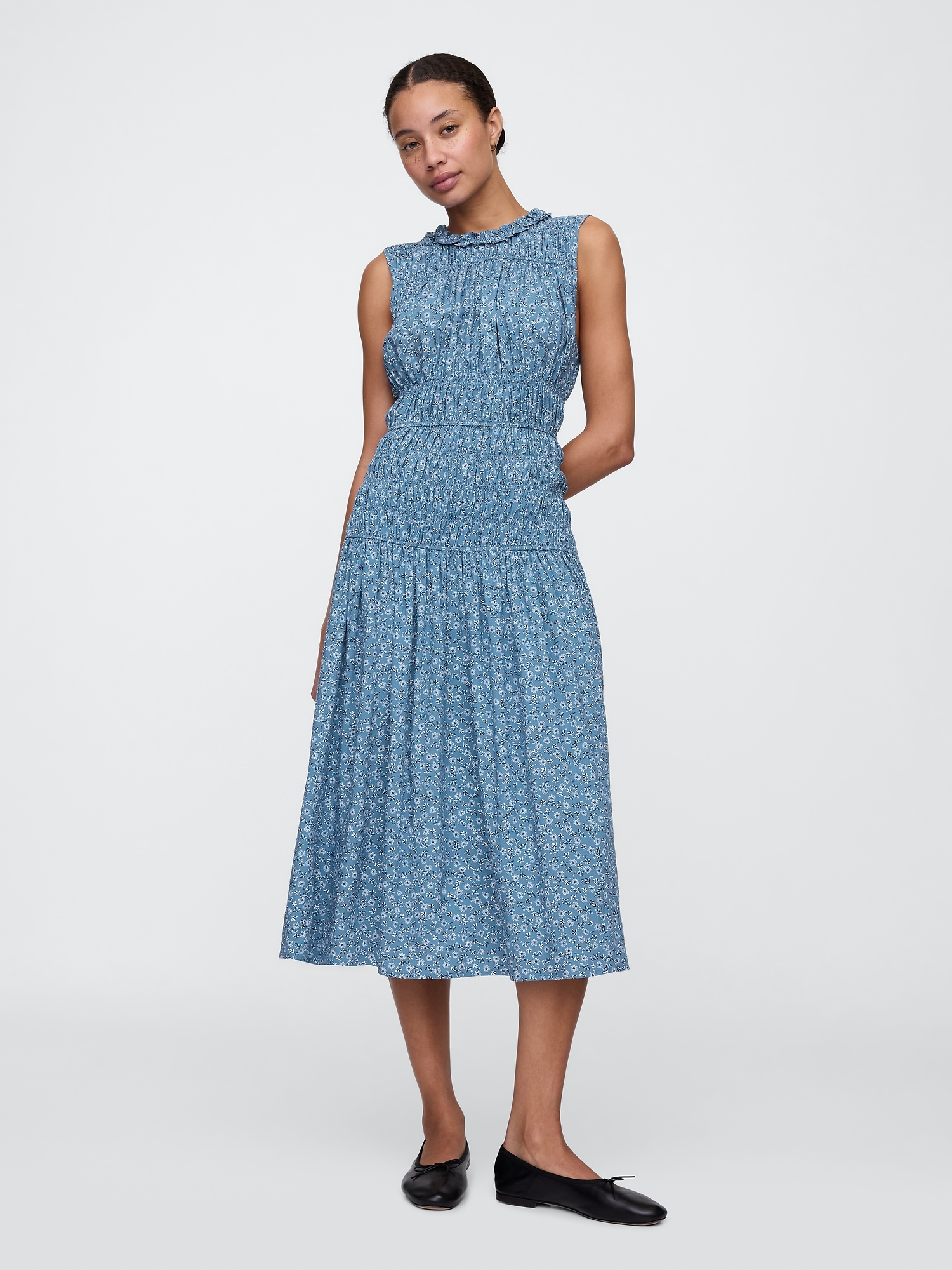 Sleeveless Smocked Ruffle Midi Dress - Blue