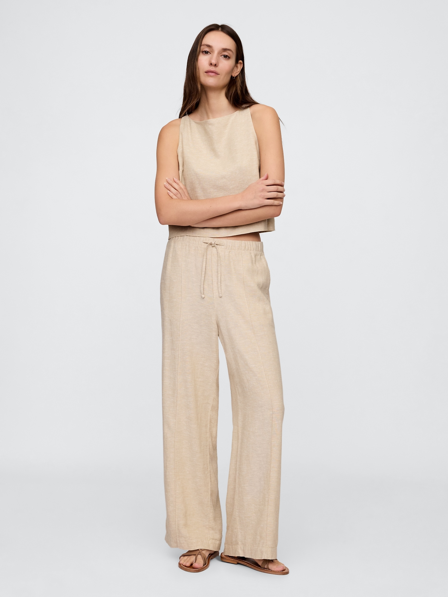 Mid Rise Linen-Blend Pull-On Wide-Leg Pants