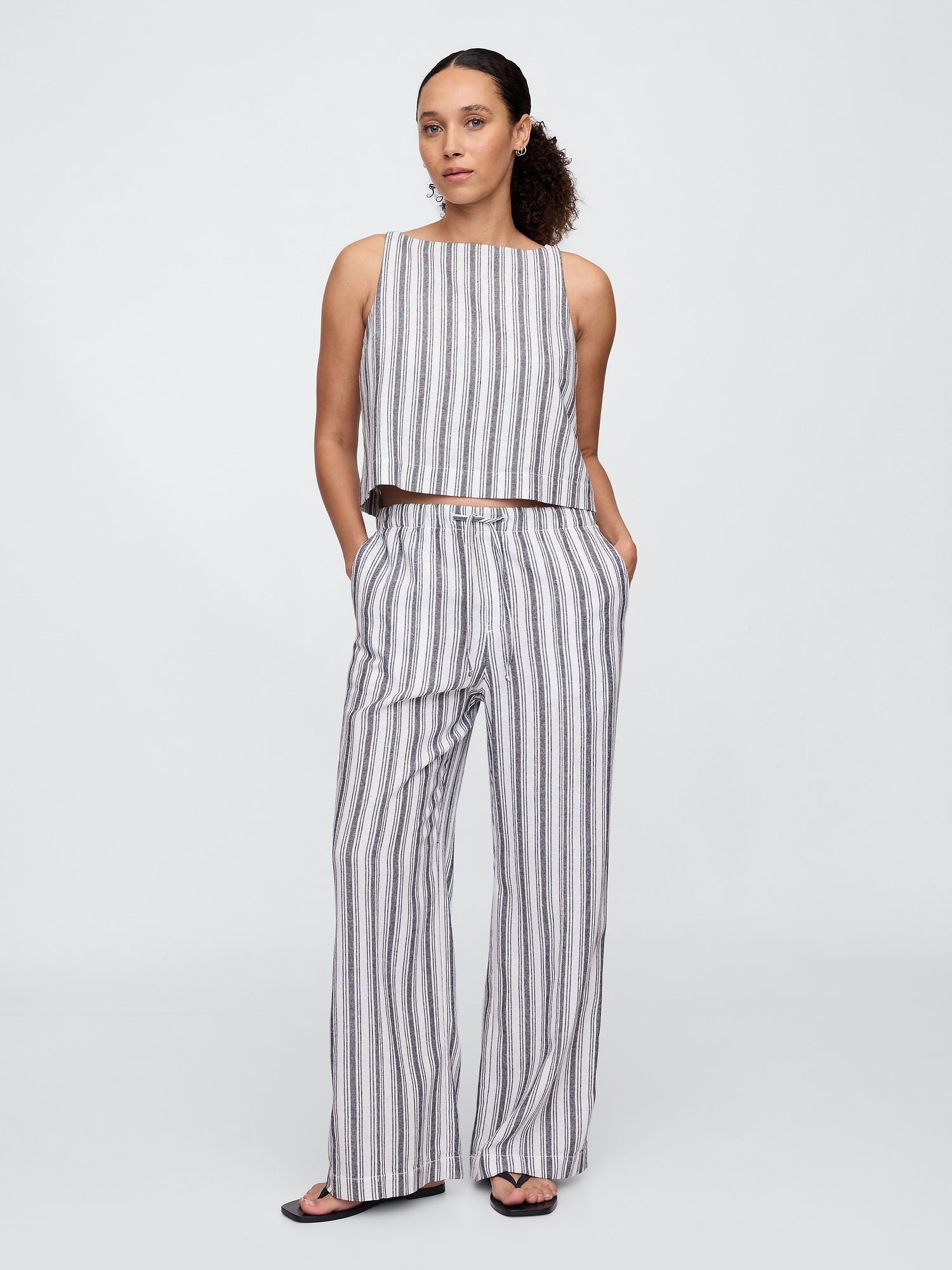 Mid Rise Linen-Blend Pull-On Wide-Leg Pants