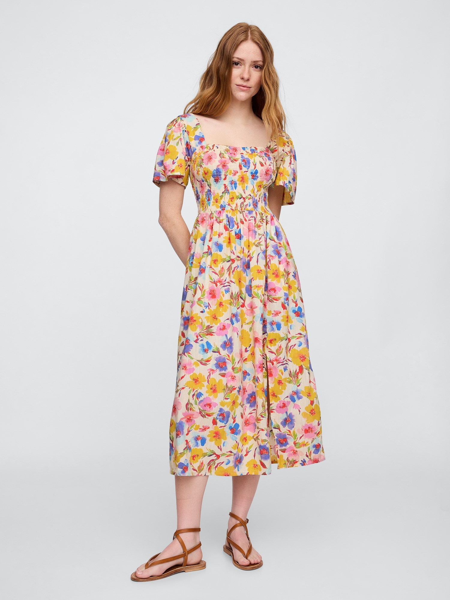 Print Smocked Puff Sleeve Midi Dress