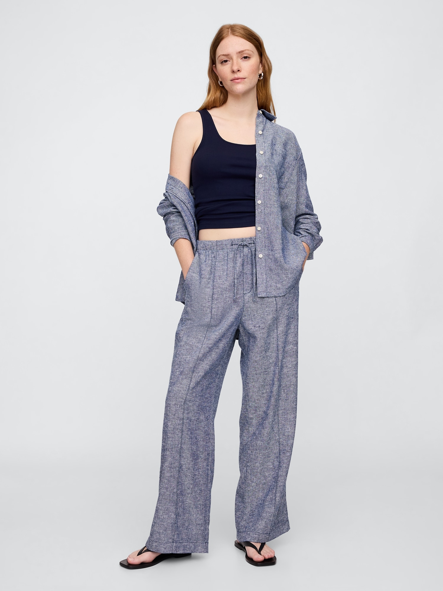 Mid Rise Linen-Blend Pull-On Wide-Leg Pants