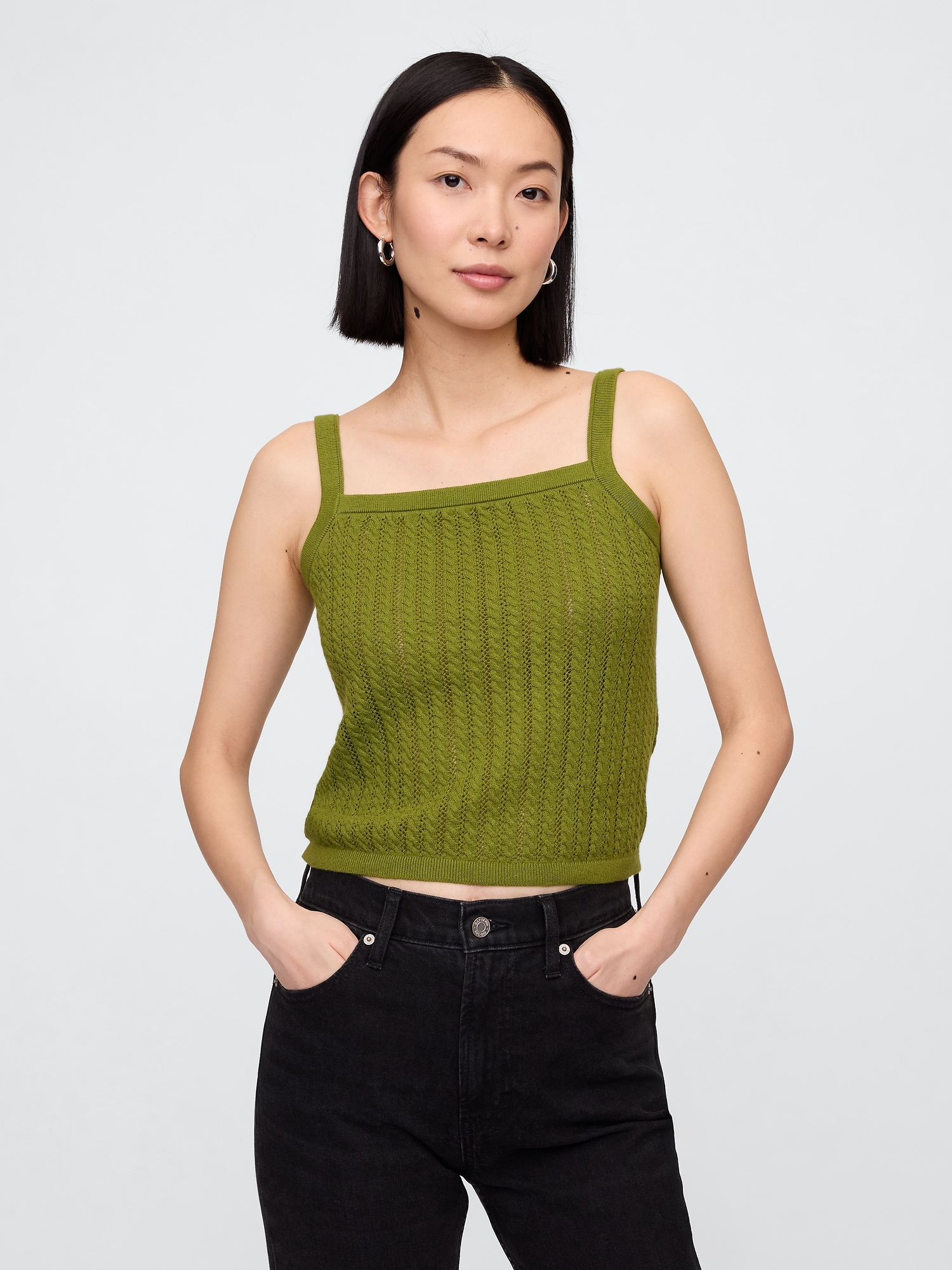 Open-Stitch Sweater Tank Top - Green