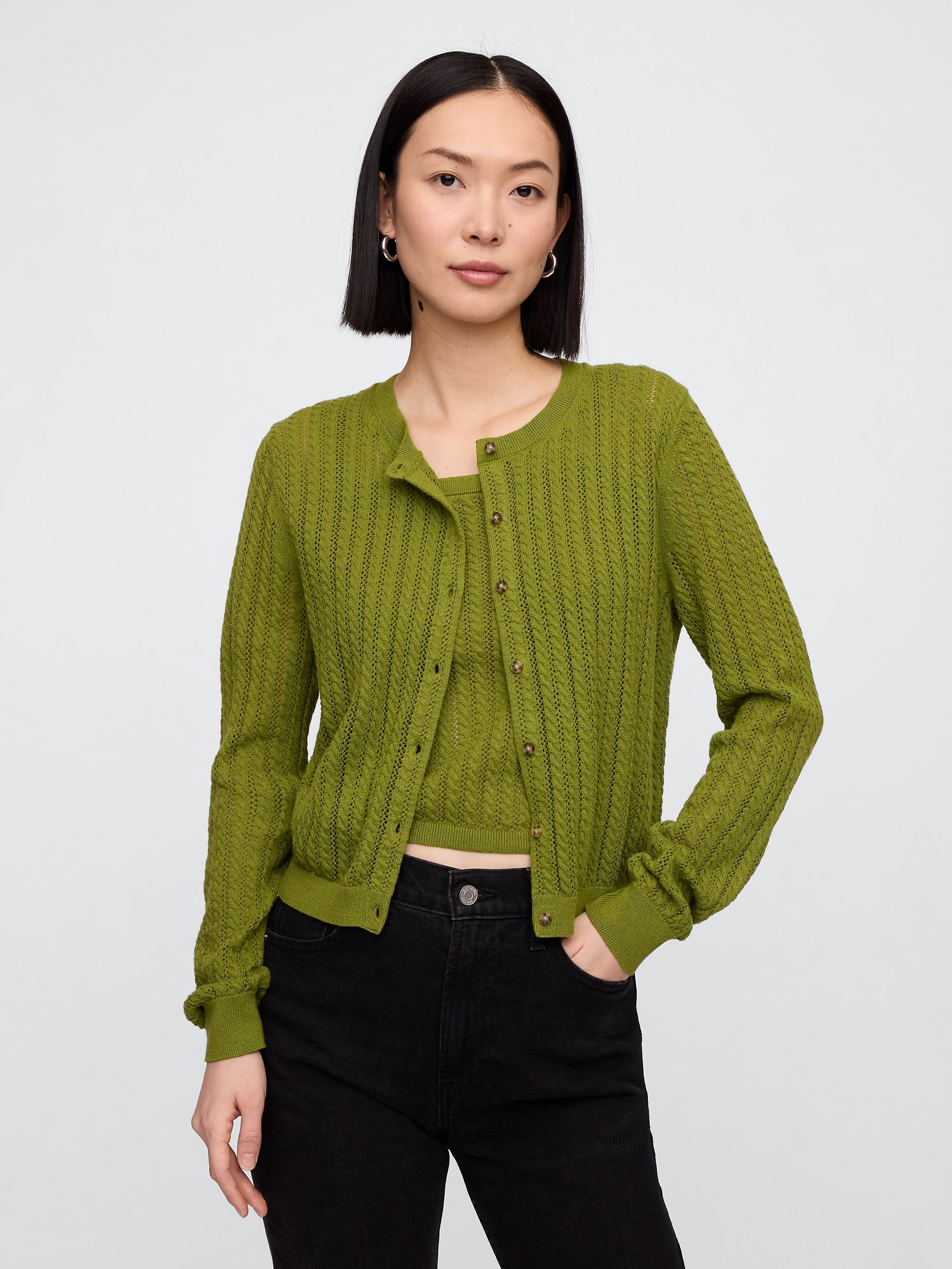 Open-Stitch Crewneck Cardigan