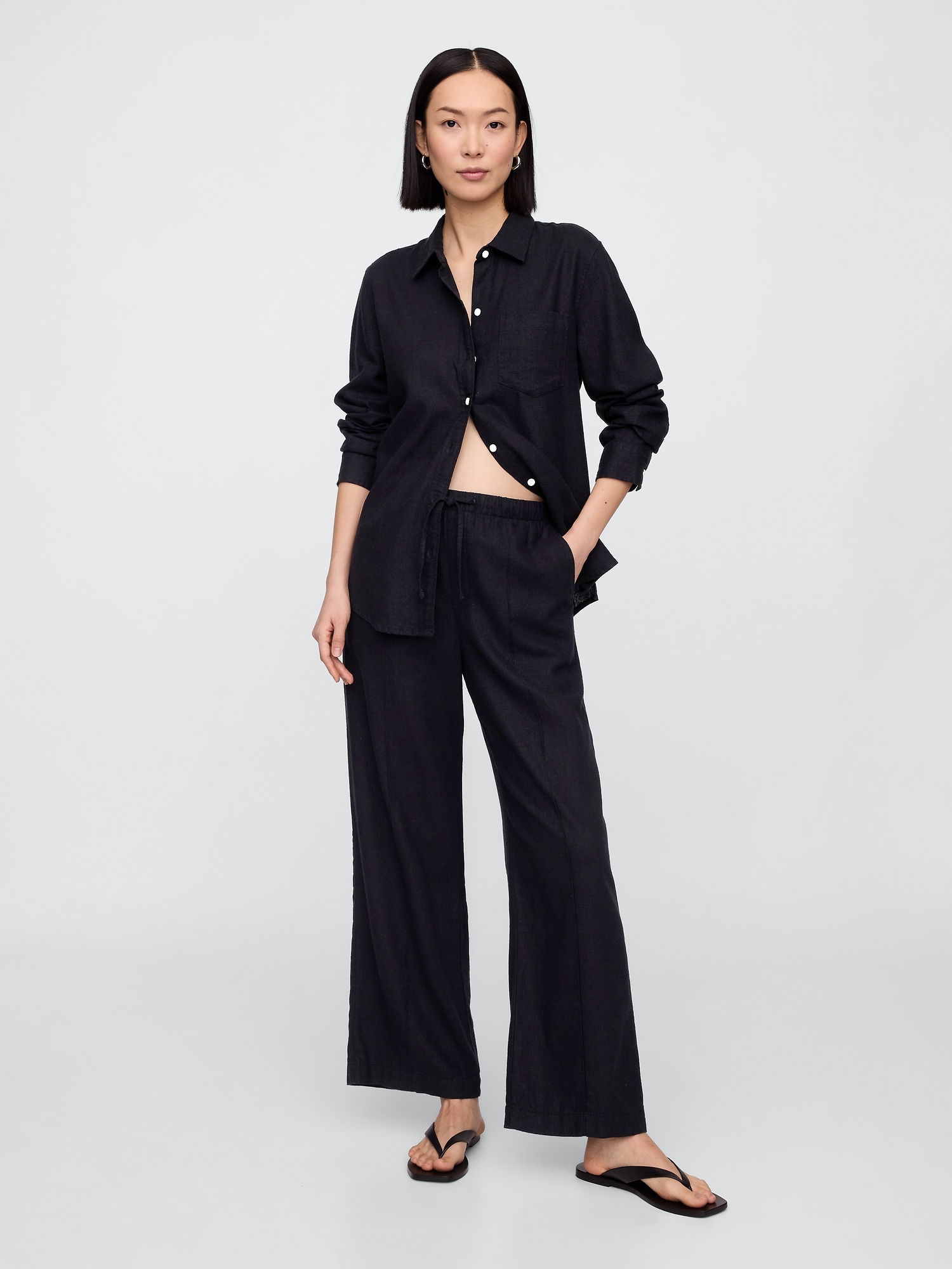 Mid Rise Linen-Blend Pull-On Wide-Leg Pants