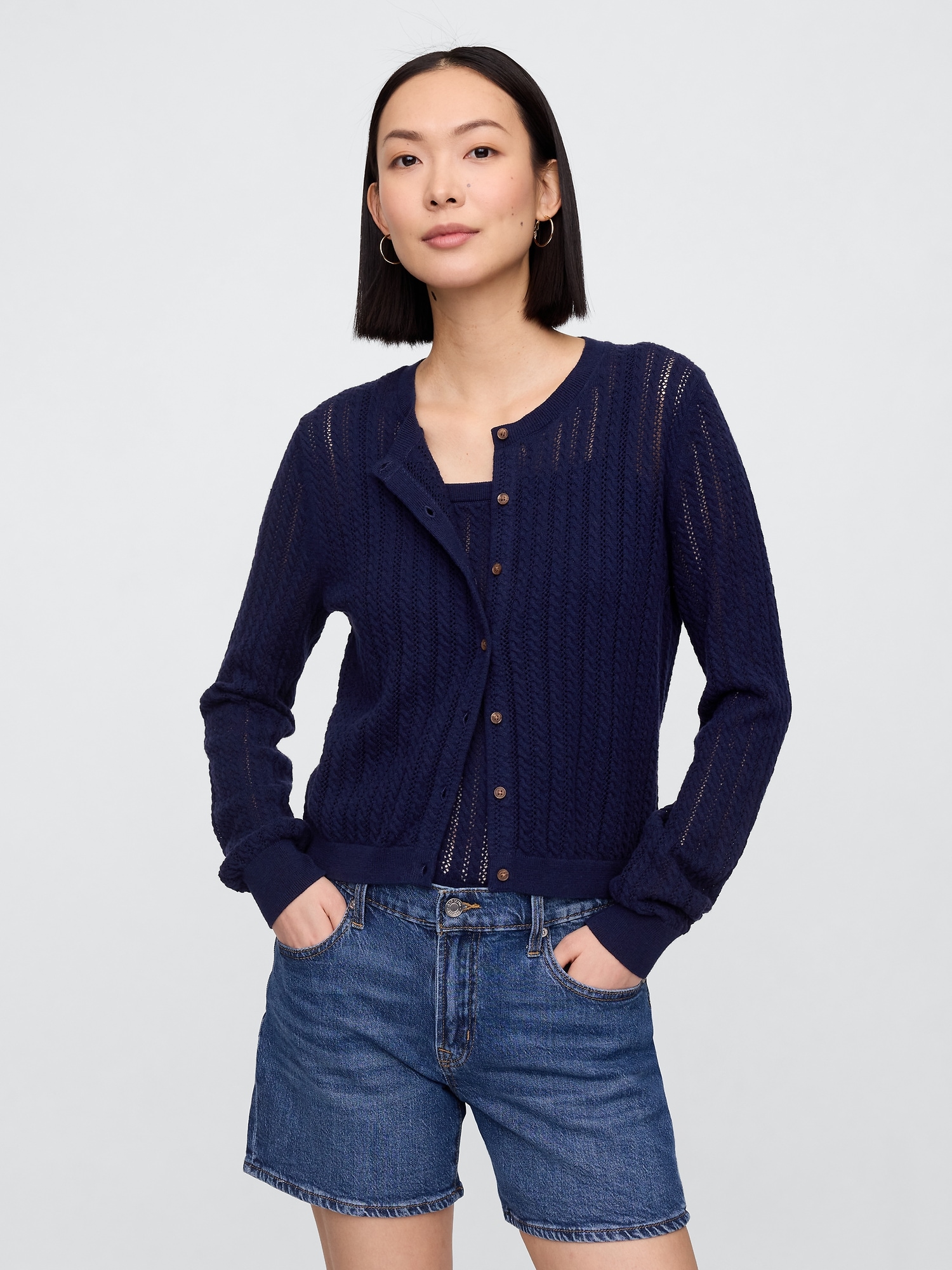 Open-Stitch Crewneck Cardigan