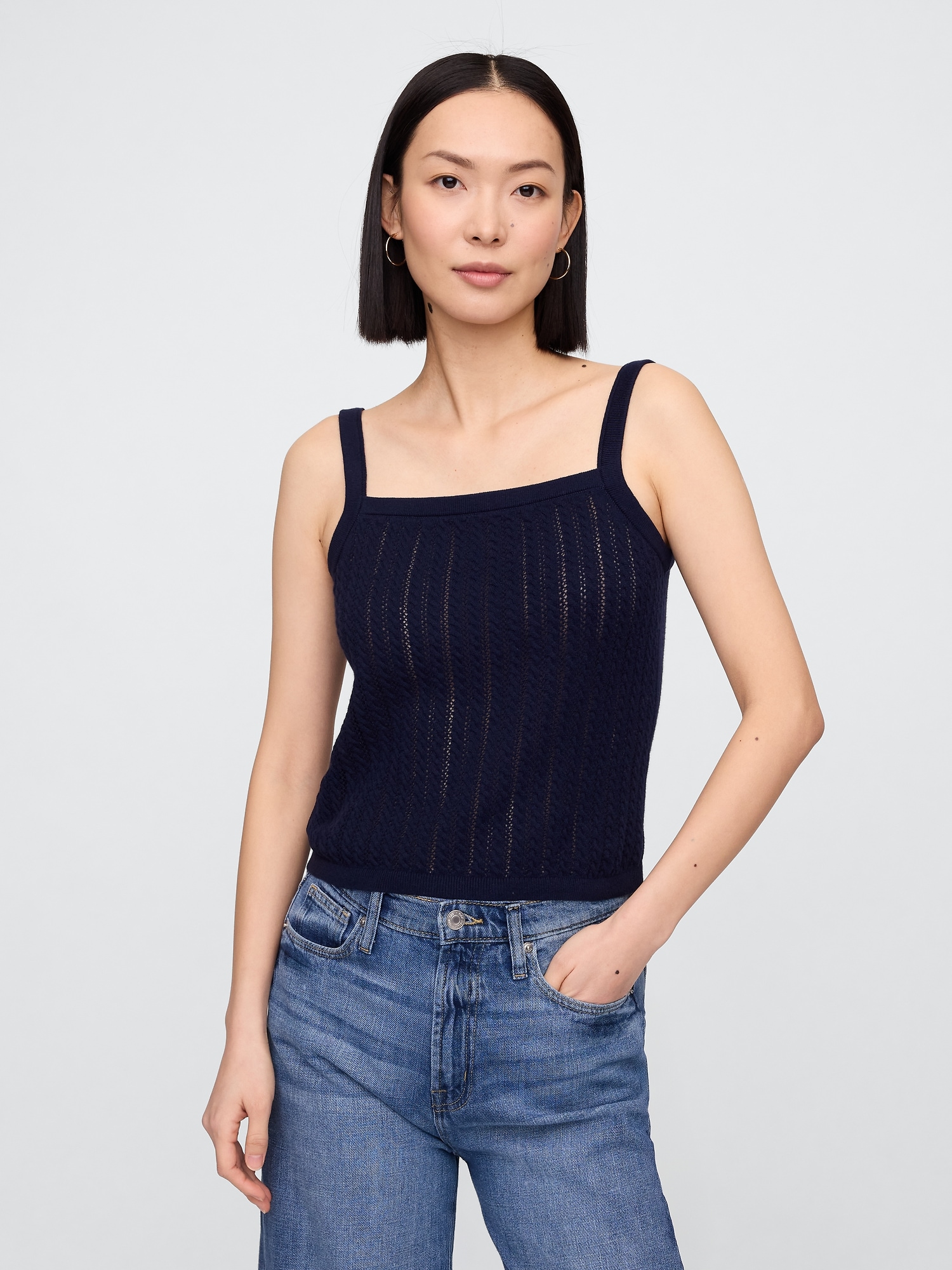 Open-Stitch Sweater Tank Top - Blue