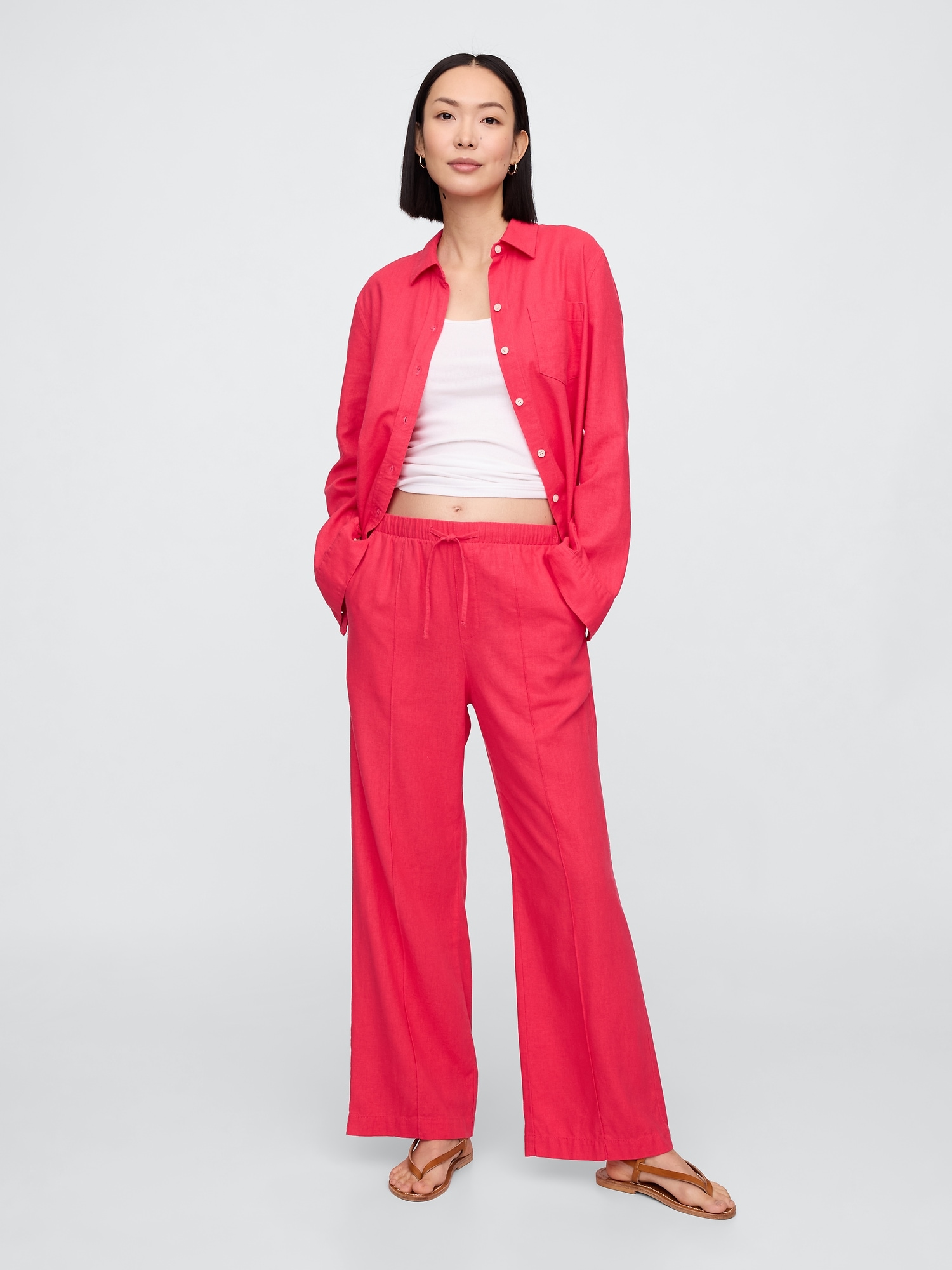 Mid Rise Linen-Blend Pull-On Wide-Leg Pants